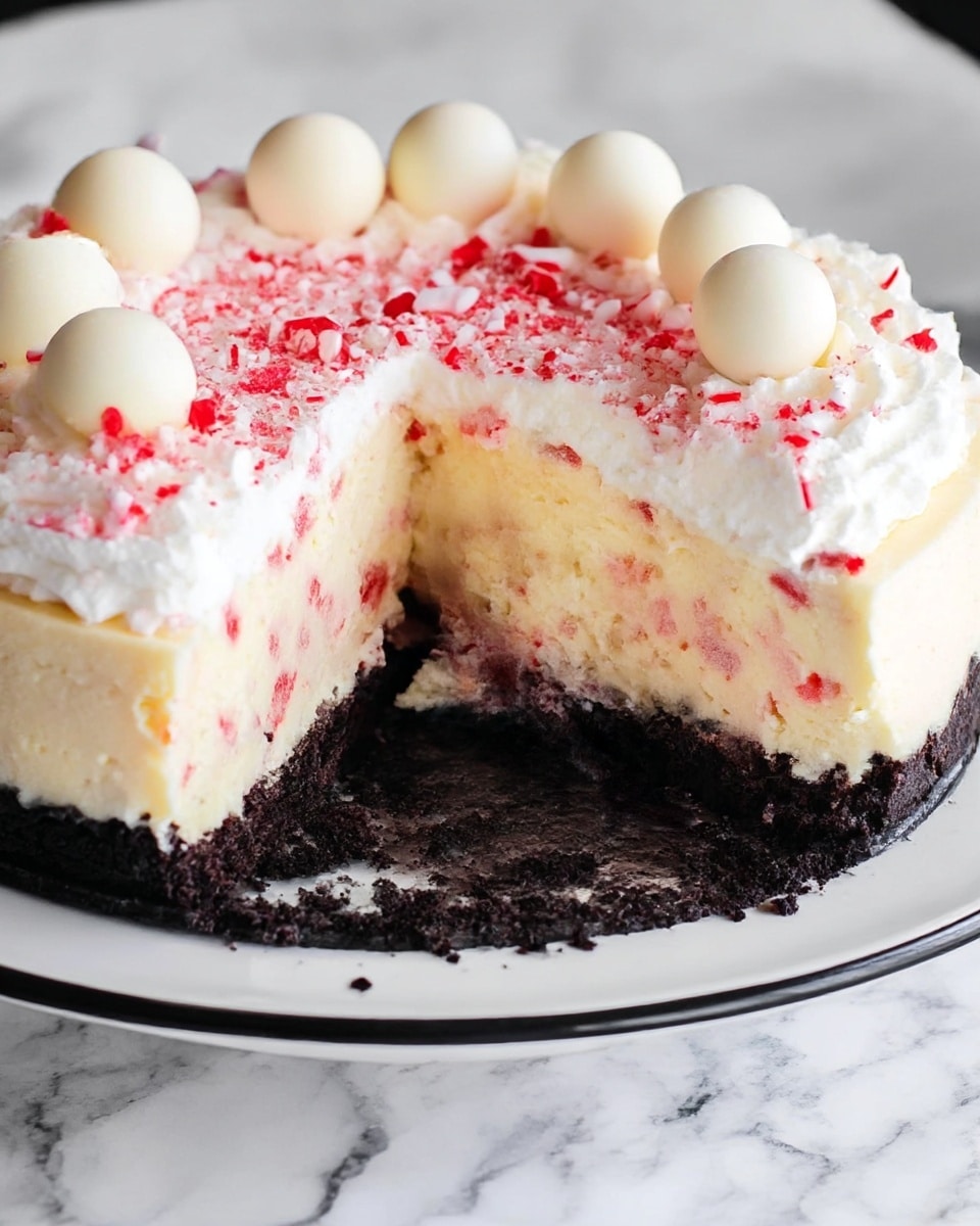 The image shows a three-layer round cheesecake on a white plate with a black rim, placed on a white marbled surface. The bottom layer is dark and crumbly, resembling a chocolate cookie crust. The middle layer is thick, creamy, and light yellow with red specks evenly spread throughout. The top layer is a fluffy white cream with small red candy pieces sprinkled on it, decorated with five smooth, round white chocolate balls placed near the edge. A slice has been removed, revealing the inside layers clearly. Photo taken with an iphone --ar 4:5 --v 7