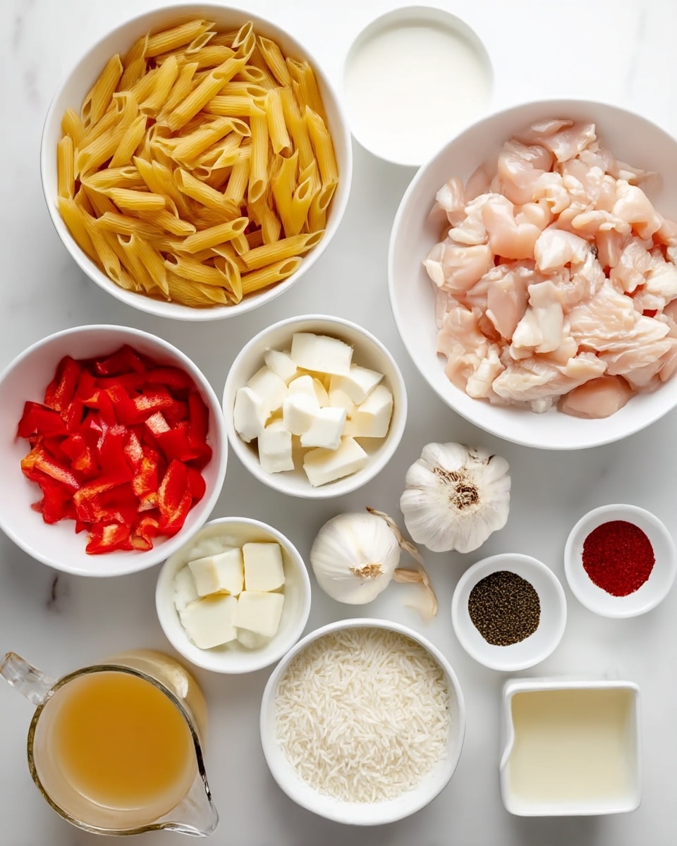 The image shows several white bowls and a white measuring jug placed on a white marbled surface, each containing different ingredients neatly arranged. In the bottom left, a large white bowl holds uncooked penne pasta in a pale yellow color. To its right, another large white bowl is filled with raw, pale pink diced chicken pieces. Above that, a medium white bowl contains a white liquid, likely milk or cream. To the left of the liquid, a medium white bowl has small, evenly chopped bright red bell peppers. Above the peppers, a small white bowl is filled with white cubes of what looks like cheese or butter. Next to it, another small white bowl holds a mixture of white rice. To the right of the rice, a small white bowl contains finely chopped white onions. Above that, two whole garlic cloves rest directly on the white marbled surface. To the right of the garlic, a small white dish contains three separate piles of ground spices in dark grey, red, and black colors respectively. On the left side, a small white bowl holds a light golden liquid and next to it, a white measuring jug contains a pale yellow liquid, possibly broth. A small white square dish in the bottom right corner contains a light yellow solid block, likely butter. Photo taken with an iphone --ar 4:5 --v 7