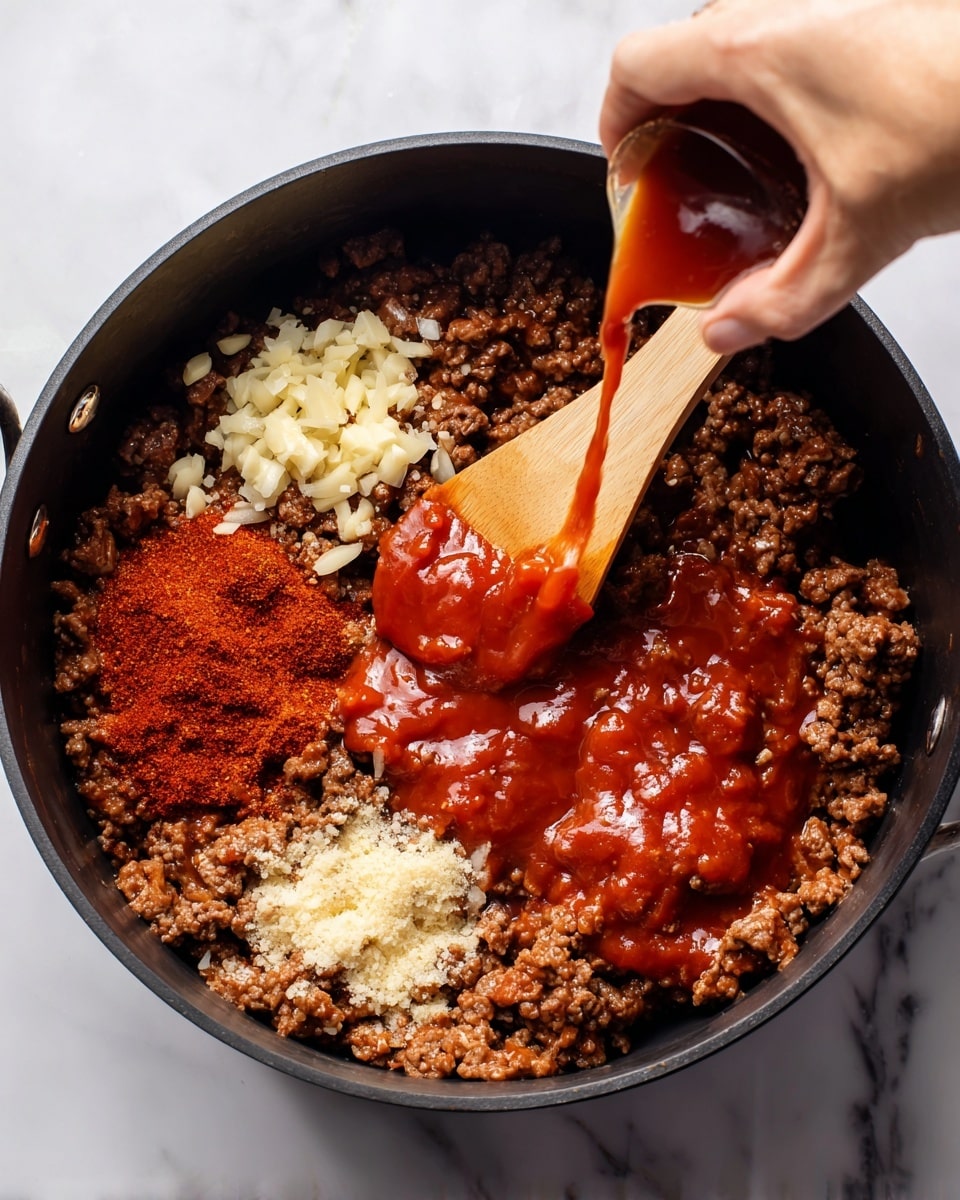 A black pot filled with cooked ground meat that is brown and crumbly, being stirred by a wooden spatula in each step. First, a layer of red chili powder is added on top of the meat in the pot. Next, a woman's hand pours dark brown liquid seasoning over the meat in the pot while the spatula stirs. Then, a pile of beige minced garlic is placed on the meat. After that, a thick red sauce is spooned in a single smooth layer over the meat. Following this, another red sauce is poured in a flowing stream over the meat. Finally, all the ingredients are mixed together, showing a thick, rich, and chunky reddish-brown sauce covering the meat. The pot sits on a white marbled surface. Photo taken with an iphone --ar 4:5 --v 7