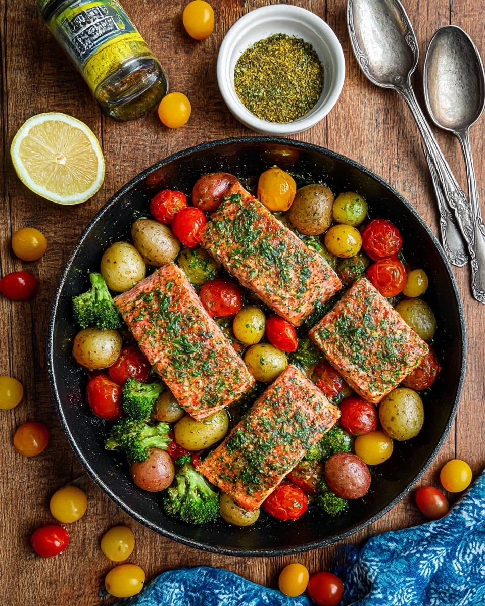 A round black pan holds a colorful dish with four pieces of pink salmon fillets, each topped with green herbs and spices. Surrounding the salmon are small round potatoes in light yellow and reddish colors, bright green broccoli florets, and small red and yellow cherry tomatoes. A lemon half with a bright yellow interior sits near the top left salmon piece. The pan rests on a wooden table with a vintage silver serving spoon at the top right, a small white bowl filled with greenish-yellow spices at the top left, and scattered small red, yellow, and green cherry tomatoes around the pan. A blue cloth with a white pattern is placed at the bottom right corner. The photo taken with an iphone --ar 4:5 --v 7