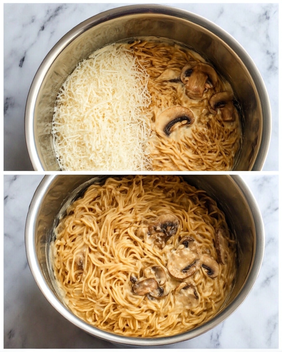 The first image shows a pot with light brown noodles at the bottom, covered partially by a layer of white grated cheese on the left side. The noodles have a smooth, slightly shiny texture and the pot is shiny silver inside. The second image shows the same pot filled with the noodles coated in a creamy light tan sauce, mixed evenly. On top of the noodles, there are cooked mushroom slices scattered with a slightly darker brown color and a soft, cooked texture. The pot sits on a white marbled surface. photo taken with an iphone --ar 4:5 --v 7