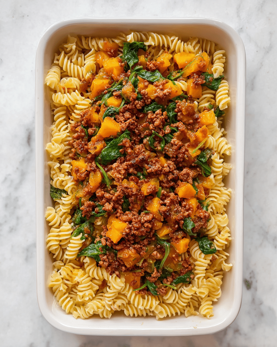 Baked Butternut Squash, Spicy Sausage and Spinach Pasta Recipe