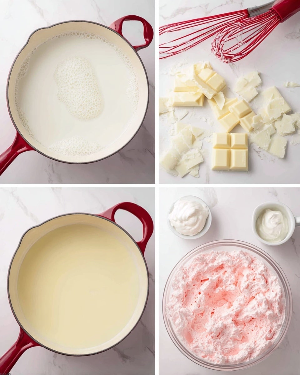 A collage of four photos on a white marbled surface shows the process of making a creamy white sauce and a pink whipped mixture. The top left photo shows a white saucepan filled with white milk that has some bubbles on top; in the background, a red whisk and chunks of white chocolate are placed. The top right photo shows the same saucepan with pieces of white chocolate melting in the milk. The bottom left photo shows the saucepan again, now with a smooth light yellow cream inside. The bottom right photo shows a large clear bowl with a fluffy pink whipped mixture and a white cup with cream next to it; an electric mixer attachment lies beside the bowl. Photo taken with an iphone --ar 4:5 --v 7