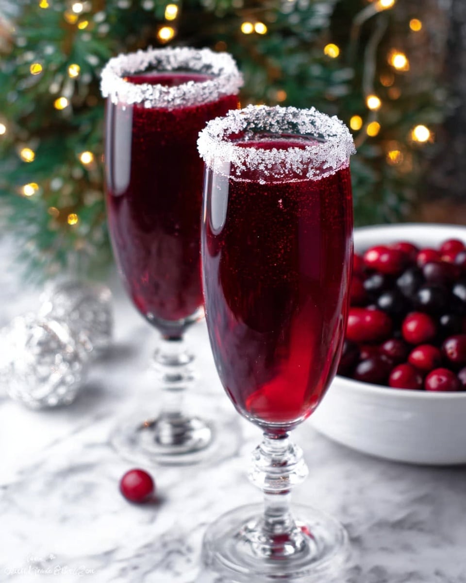 Two tall clear glasses are filled with a deep red drink, each glass rim is covered with large crystals of sugar, creating a frosted look. The liquid inside is smooth with a rich berry color, almost transparent near the edges. Both glasses stand on a white marbled surface, with one positioned slightly behind the other. In the background, there is a white bowl filled with red and dark purple berries, with a blurred green pine tree and twinkling lights adding a festive touch. photo taken with an iphone --ar 4:5 --v 7