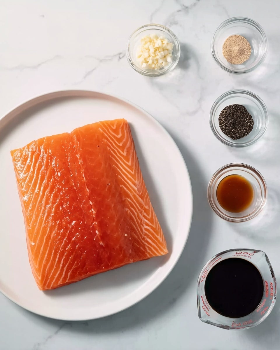 A white plate holds one large piece of raw salmon with bright orange color and fine white lines running through the flesh. To the right of the plate, on a white marbled surface, there are five small clear glass containers in two rows: the top row has minced garlic, black pepper, and a light beige powder; the bottom row has two measuring cups, one with a dark soy sauce and the other with a brown liquid, likely a sauce or marinade. The scene is bright and clean, with soft natural light highlighting the colors and textures. photo taken with an iphone --ar 4:5 --v 7