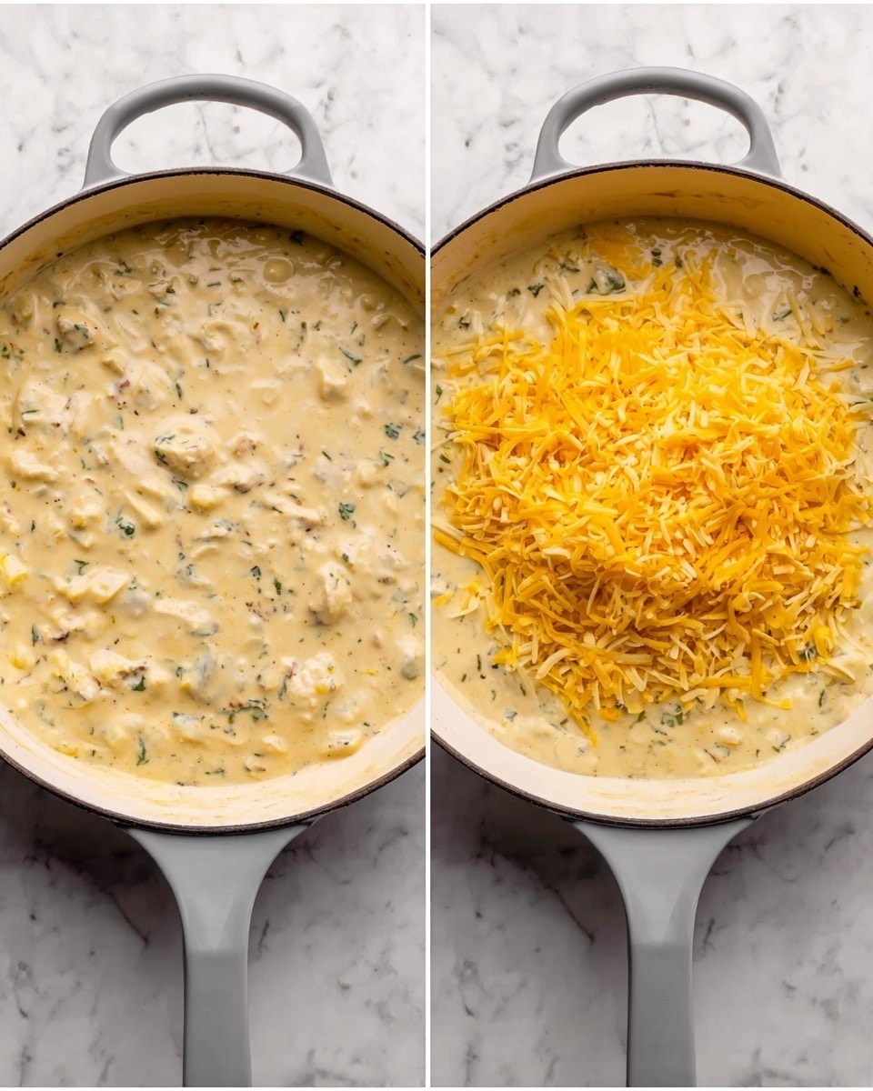 Two images side by side show a close-up view of a white pan with a gray handle on a white marbled surface. The pan contains a creamy sauce with small chunks of food and bits of green herbs mixed in, covering the whole bottom. In the second image, on top of the creamy sauce, there is a heap of shredded yellow and white cheese placed in the center. The sauce looks smooth and rich, with light golden tones around the edges. photo taken with an iphone --ar 4:5 --v 7