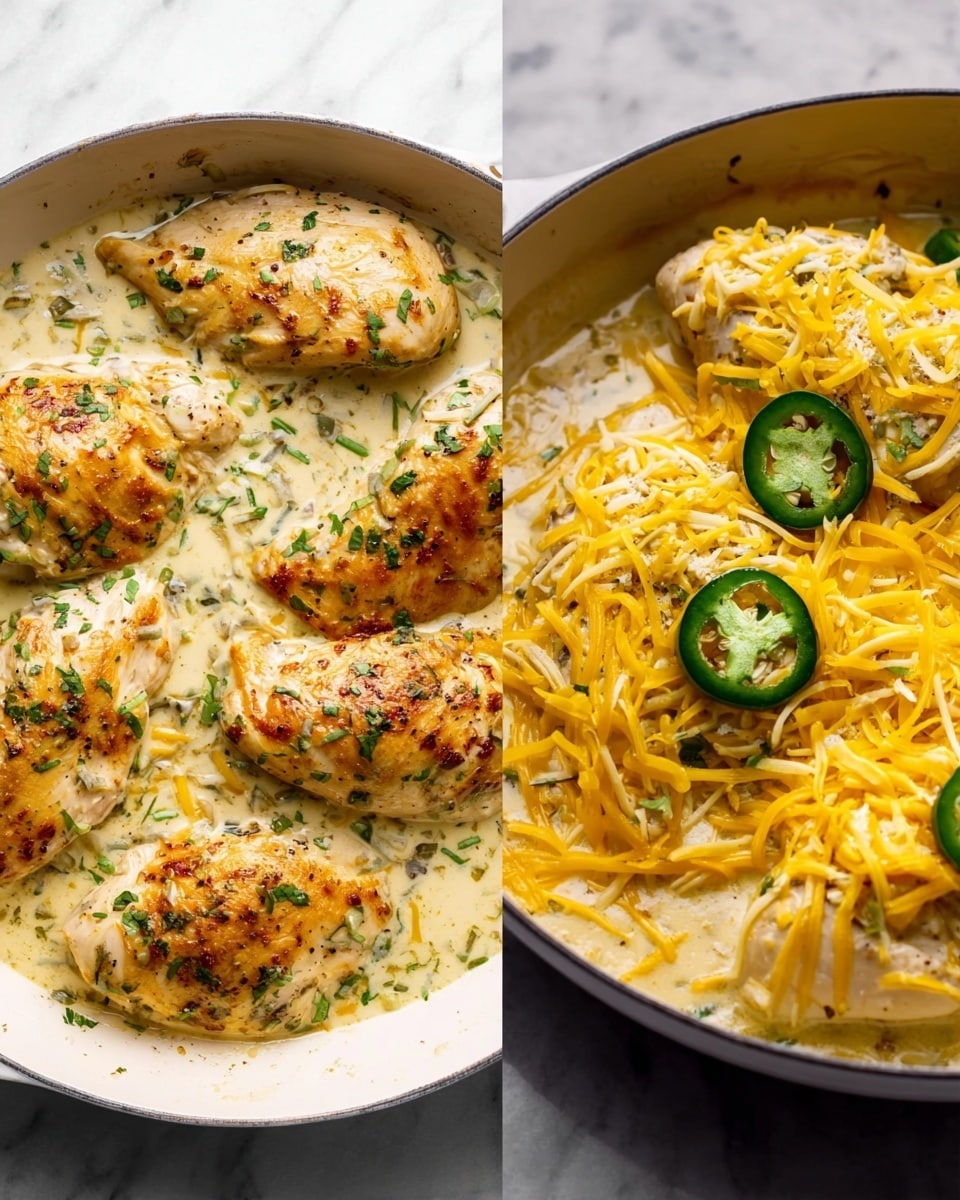 The dish shows four pieces of cooked chicken in a white pan on a white marbled surface. The chicken pieces are partially covered with a creamy sauce containing small bits of herbs. On top of the chicken there is a layer of shredded yellow and white cheese. The surface of the chicken is light brown and the sauce looks smooth and thick. In the second image, the creamy sauce is more visible with green slices of jalapeno pepper scattered on top of the chicken. The cheese is melted and the sauce looks rich and slightly shiny. photo taken with an iphone --ar 4:5 --v 7
