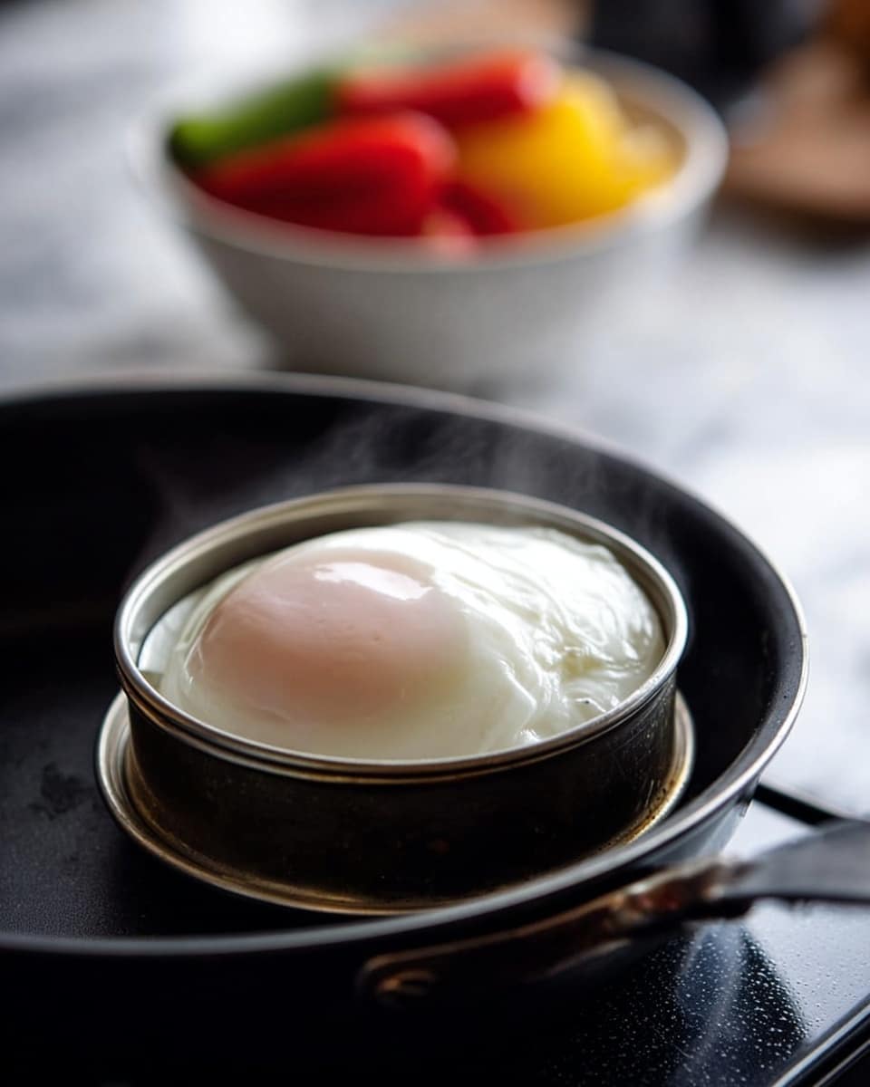 A soft poached egg with a smooth white layer surrounds a slightly pinkish yolk center, resting inside a round metal ring on top of a black cooking surface, likely a pan. In the background, there is a blurred glimpse of a white bowl with colorful food including red, yellow, and green items, all set on a white marbled texture surface. The image captures a simple kitchen moment with steam gently rising from the egg. Photo taken with an iphone --ar 4:5 --v 7