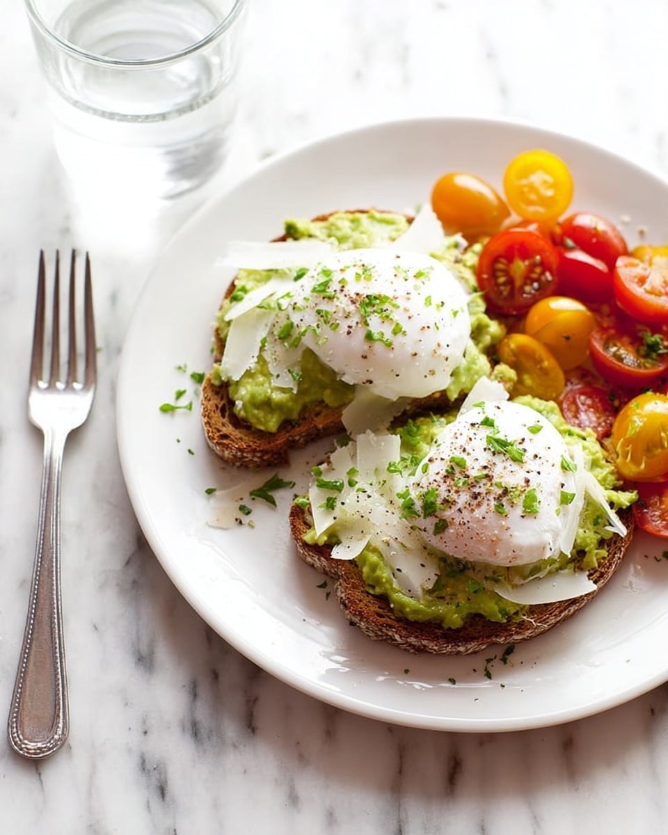 A white plate with two slices of multigrain toast topped with a layer of mashed avocado that is soft and green, sprinkled with small shreds of white cheese. Each toast has a white poached egg on top, with a slightly runny texture and a sprinkle of black pepper and chopped green herbs. Next to the toast is a small side of quartered red and yellow cherry tomatoes, cut into pieces and garnished with the same green herbs. The plate is set on a white marbled surface with a silver fork to the left and a glass of water in the background. Photo taken with an iphone --ar 4:5 --v 7