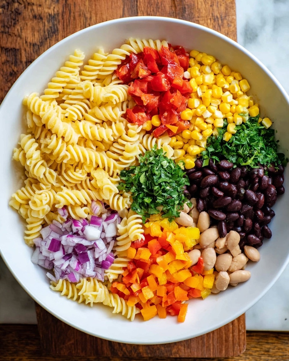 A white bowl holds a colorful arrangement of nine sections of different ingredients, all placed around a center of pale yellow spiral pasta. Starting from top and moving clockwise, there are light yellow corn kernels, red chopped tomatoes, bright yellow corn, finely chopped green herbs, small diced red bell peppers, light brown beans, bright yellow diced bell peppers, dark black beans, finely chopped purple onions, and orange diced bell peppers. The bowl rests on a white marbled textured surface with a wooden table partly visible on the side photo taken with an iphone --ar 4:5 --v 7