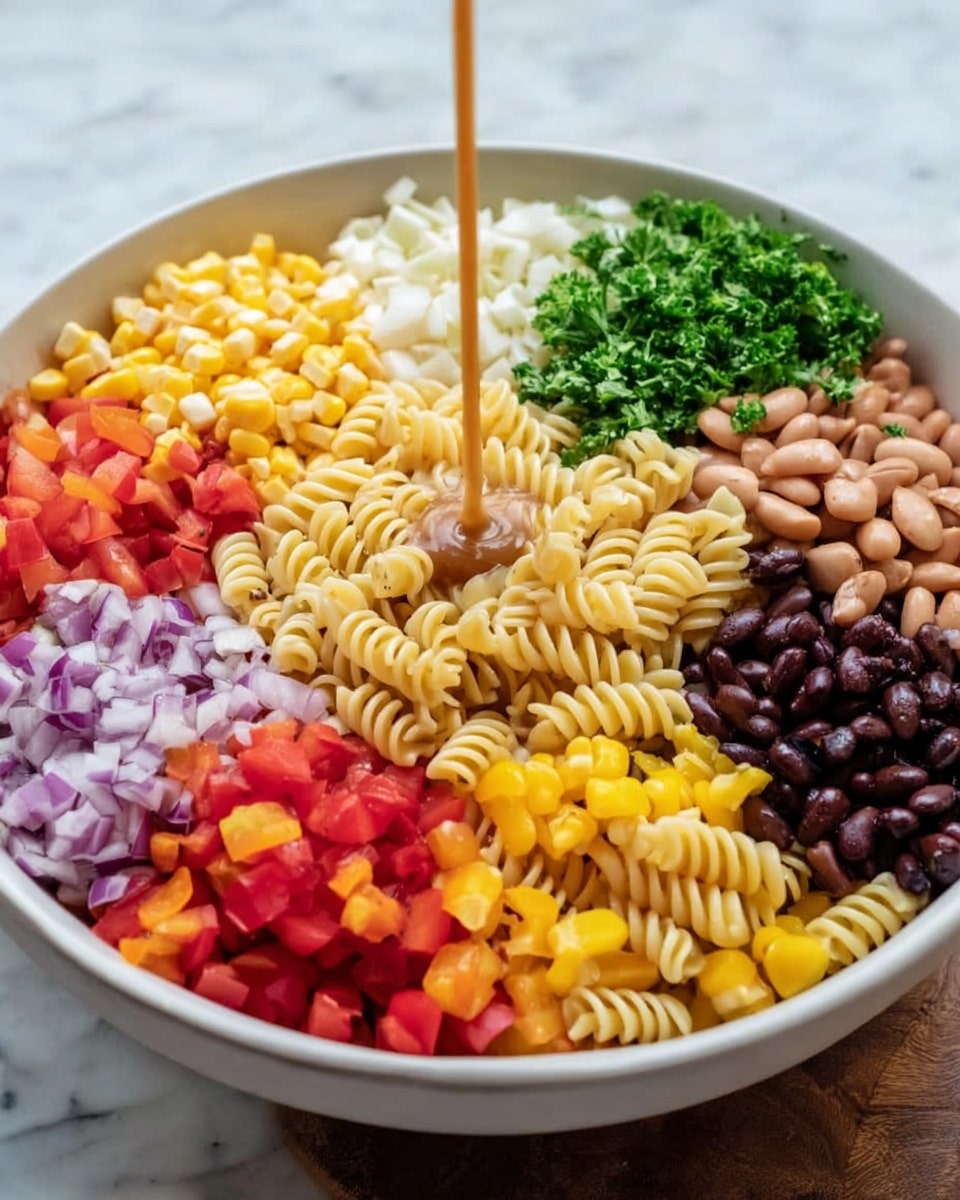 A large white bowl filled with colorful ingredients arranged in sections around a center of spiral pasta. Starting from the top moving clockwise, there are small white corn kernels, chopped red tomatoes, whole yellow corn, chopped red bell peppers, pinto beans, chopped yellow bell peppers, black beans, finely chopped red onions, and a small bunch of chopped parsley next to the black beans. In the center, spiral pasta sits with a light brown dressing being poured over it. The bowl is placed on a white marbled surface. Photo taken with an iphone --ar 4:5 --v 7