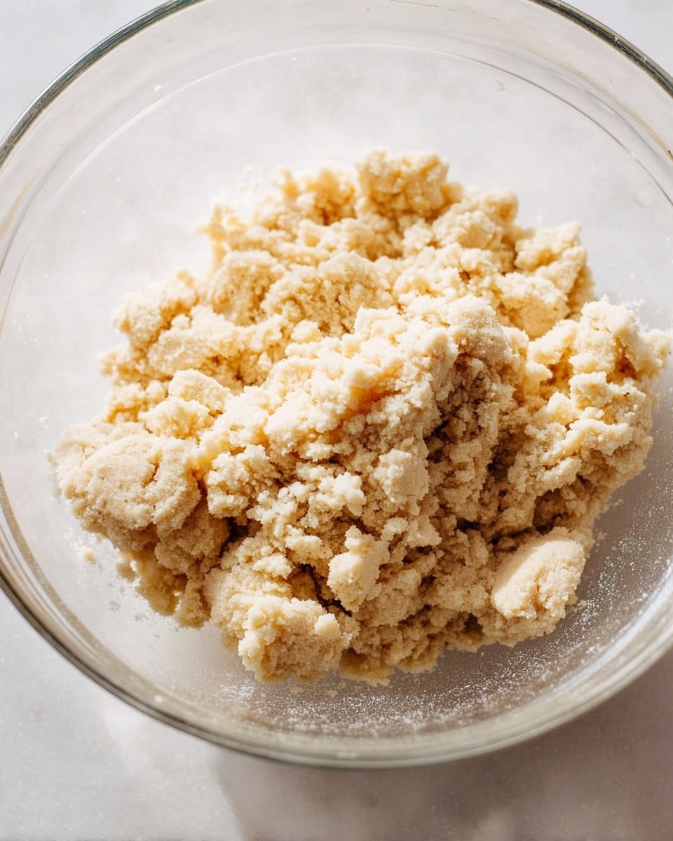 A close-up image showing a glass bowl filled with crumbly dough mixture. The dough has a pale beige color and rough, uneven small clumps scattered inside the bowl. The texture looks dry and coarse, with some slightly larger chunks among finer grains. The bowl is set against a white marbled surface, and there is soft natural light creating gentle shadows and highlights on the dough and glass. Photo taken with an iphone --ar 4:5 --v 7