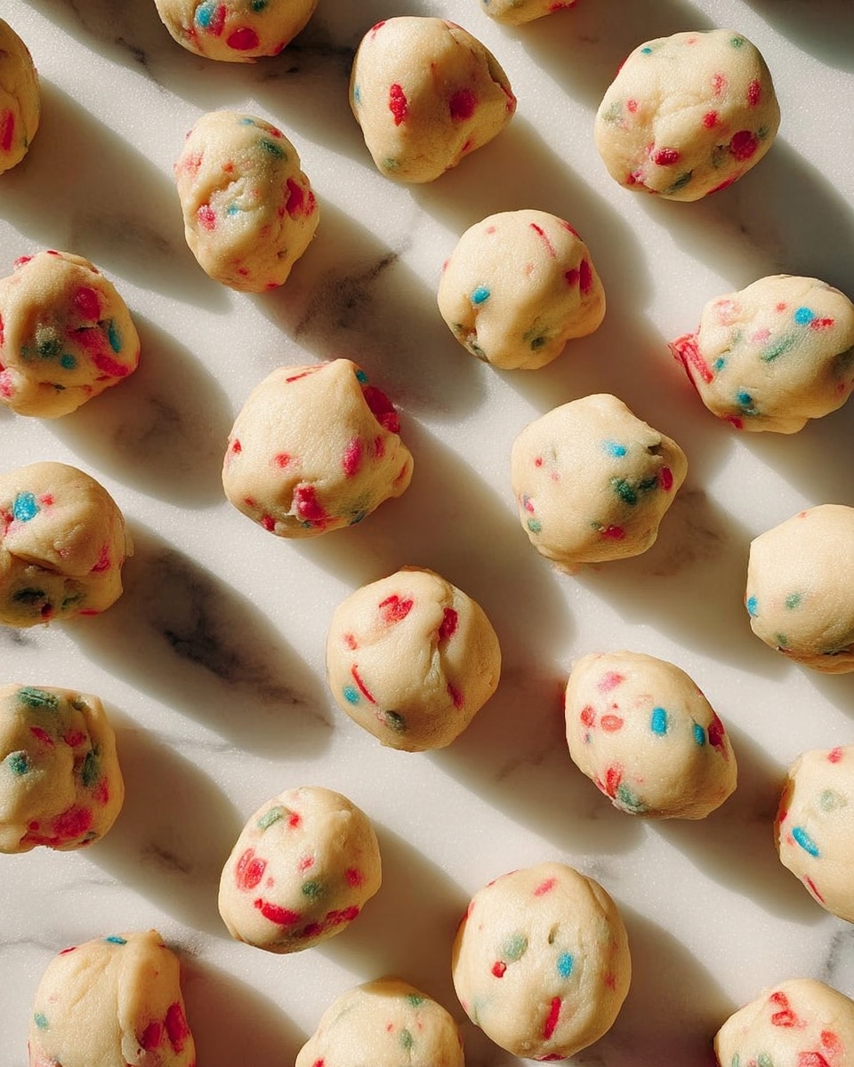 The image shows many small dough balls spread out on a white marbled surface, each one pale yellow with colorful red and blue sprinkles mixed inside. The dough balls are round but not perfectly shaped, with a soft and smooth texture. Bright shadows fall across them, highlighting their uneven but inviting appearance. photo taken with an iphone --ar 4:5 --v 7