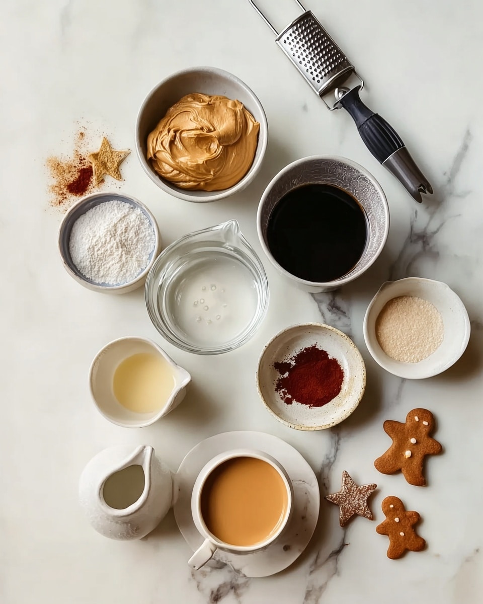 The image shows several small white bowls arranged on a white marbled surface, each holding different ingredients in various layers and colors. At the top center, there is a bowl with a thick, light brown paste and a smaller bowl with dark brown liquid next to it. Below, on the left, there is a bowl with light brown and reddish powder, and next to it, a bowl filled with fine white granules. In the middle, a larger bowl contains a dark liquid, and beside it, a clear glass measuring cup with water. At the bottom left, a small white pitcher holds a light cream liquid near two small gingerbread-shaped cookies on the surface. To the right, another small white bowl has a pale creamy liquid. Below this, a cup of rich orange-brown coffee with foam on top rests next to a small pile of reddish-brown powder and a silver star-shaped cookie cutter filled with white powdered sugar. A sharp grater with a black handle and a nutmeg seed on top is diagonally positioned on the left side. The whole arrangement is carefully spread on the bright white marble background. Photo taken with an iphone --ar 4:5 --v 7