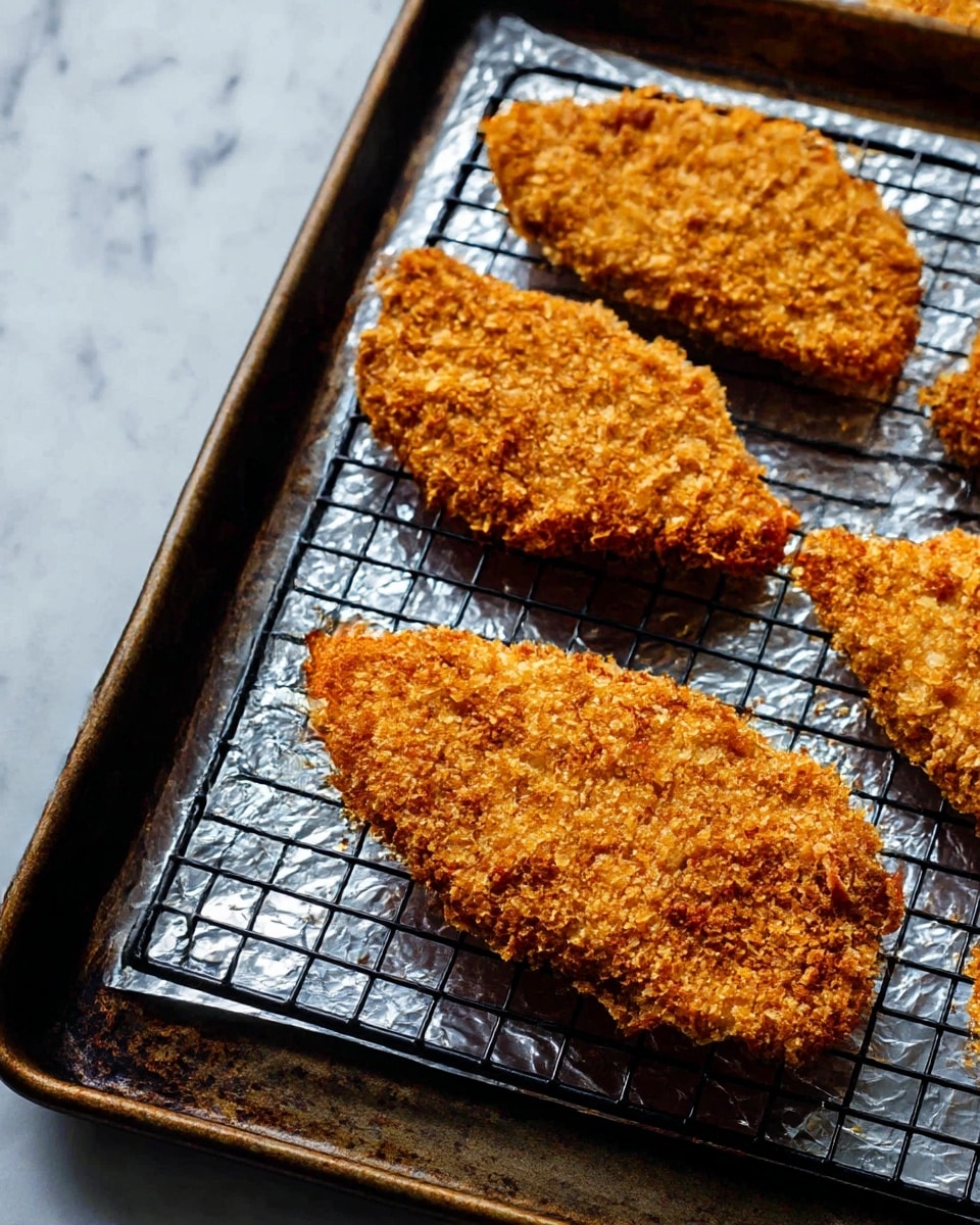 The image shows four pieces of breaded fried food with a rough, crunchy golden-brown coating, arranged on a black wire rack. The wire rack is placed on a dark metal baking sheet lined with crumpled silver foil. The background has a white marbled texture visible near the tray. The coating looks thick and uneven, with small crumbs giving it a grainy texture. Photo taken with an iphone --ar 4:5 --v 7
