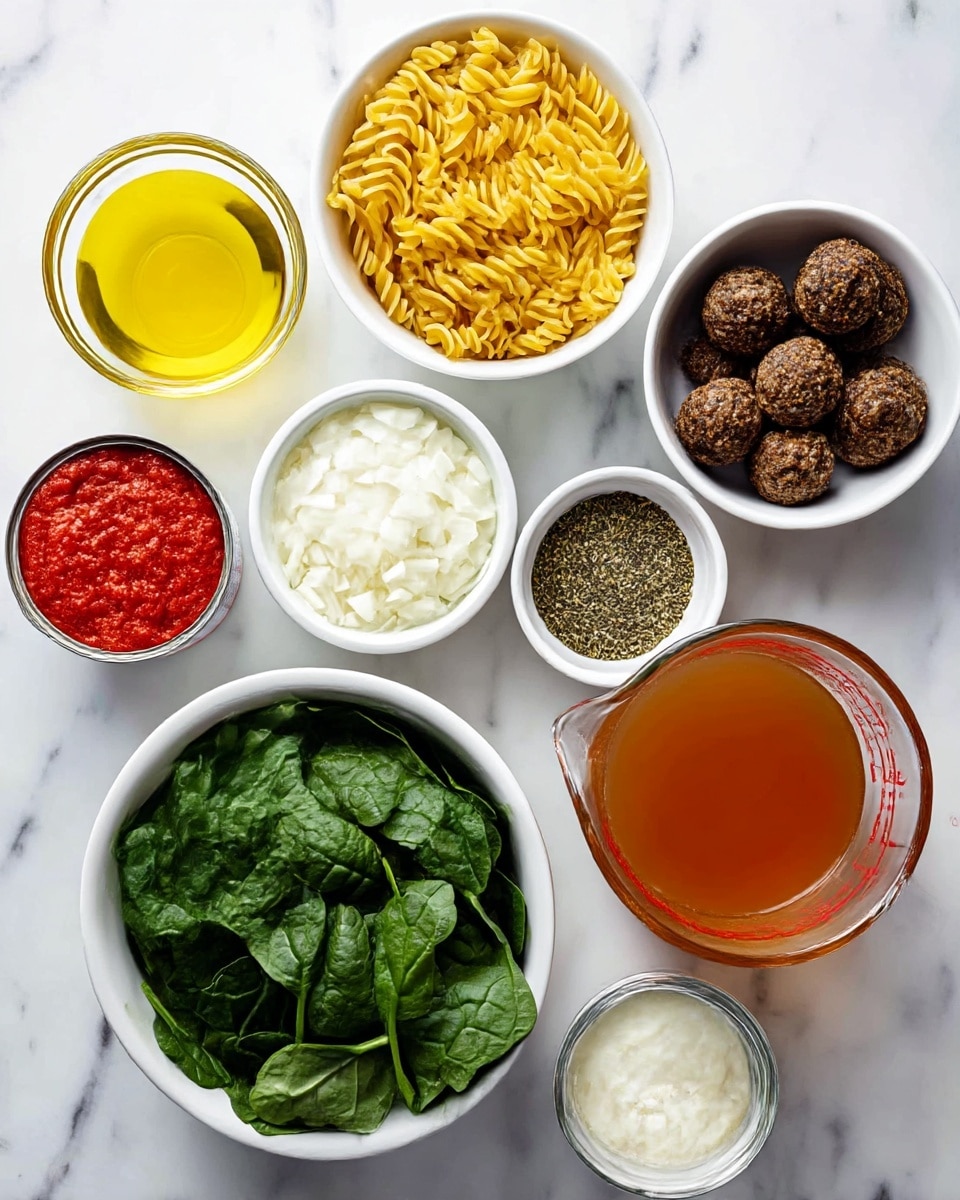 A top-down view of several white bowls and a glass measuring cup arranged in a loose grid on a white marbled surface. There are nine containers: from top left, a small bowl with yellow olive oil, a medium bowl with uncooked yellow spiral pasta, a glass measuring cup filled with white cream, a bowl of chopped white onions, a small bowl of minced garlic, a small bowl of mixed green and brown dried herbs, a can filled with red crushed tomatoes, a medium bowl full of fresh dark green spinach leaves, a medium bowl with cooked, browned meatballs, and finally, a large glass measuring cup with amber-colored broth. The items form a colorful and organized layout, ready for cooking photo taken with an iphone --ar 4:5 --v 7