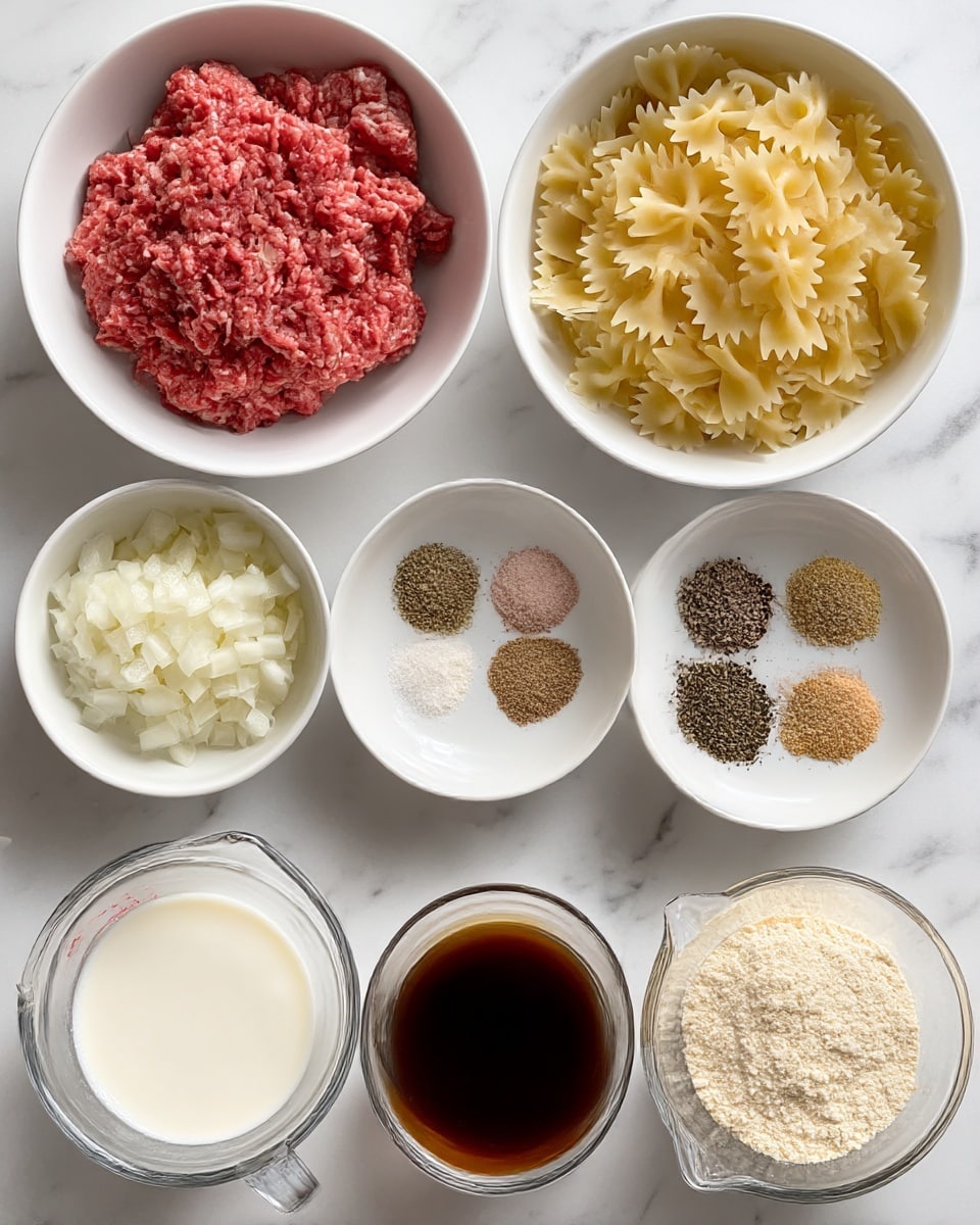 The image shows seven close-up shots of raw ingredients arranged in a grid on a white marbled surface. The top left has a single layer of bright red ground meat with a soft texture in a white bowl. The top right shows a white bowl filled with one layer of uncooked bow tie pasta, light yellow with a slightly rigid look. The middle left features chopped white onions with a shiny minced garlic layer on top inside a white bowl. The middle right displays five small piles of dry spices, including beige garlic powder, pink salt, black pepper, light yellow onion powder, and dried herb leaves, each pile positioned separately in a white bowl. The bottom row has three items: a clear glass measuring cup with one layer of frothy milk, a white bowl filled with a single layer of finely ground pale yellow flour, and another clear glass measuring cup holding a single layer of dark brown liquid. Photo taken with an iphone --ar 4:5 --v 7
