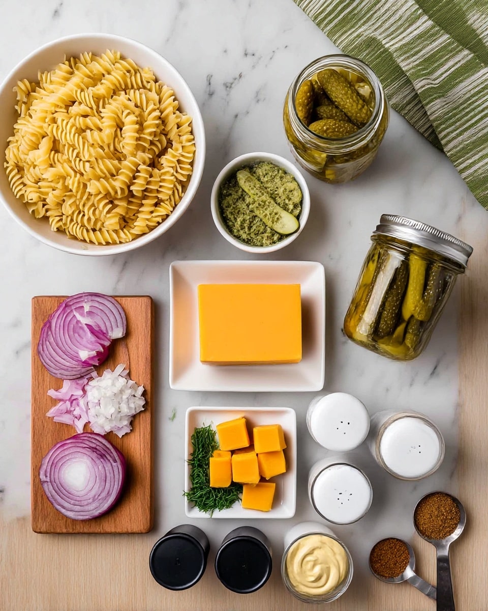 The image shows a flat lay of ingredients on a white marbled surface. There is a large white bowl filled with dry, yellow spiral pasta on the top left. Next to it, a small white bowl holds finely chopped green pickles, while an opened jar of whole pickles sits beside it on the right. Below the jar, a small white bowl contains sliced green pickles. A rectangular white dish in the center holds a block of orange cheddar cheese beside small cubes of a brighter orange cheese in a small section of the dish. To the left, a small wooden board displays a few red onion slices and diced red onion. Below the board, a small rectangular white dish contains finely chopped green herbs. Two white seasoning containers stand near the center bottom. Nearby, a small glass jar holds relish. Two black measuring cups on the bottom right hold white creamy sauce and light yellow mayonnaise. A small metal measuring spoon with a brown powder and a small jar of mustard are also present, all arranged neatly with a striped green and white cloth in the upper right corner. photo taken with an iphone --ar 4:5 --v 7