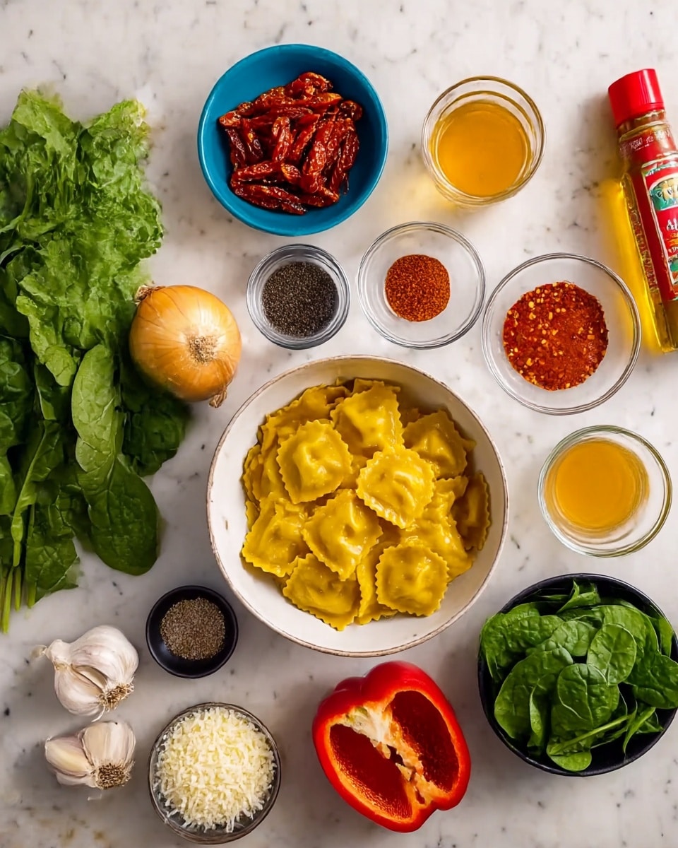 The image shows a white bowl filled with yellow ravioli placed in the center on a white marbled surface. To the left of the bowl, there is a bunch of green leafy herbs, a yellow onion, two cloves of garlic, and two small black bowls containing salt and black pepper. Above these, there is a blue bowl with sun-dried tomatoes, and two small clear bowls with crushed red pepper and dried herbs. To the right of the ravioli bowl, there is a small black bowl filled with grated cheese, a red bell pepper, and a blue bowl full of fresh green spinach leaves. Above the ravioli bowl, there is a small glass jar filled with a light orange liquid, a small glass filled with a golden liquid, a small glass with a white creamy substance, and a tube of red tomato paste. A bottle of olive oil is partially visible in the top right corner. photo taken with an iphone --ar 4:5 --v 7