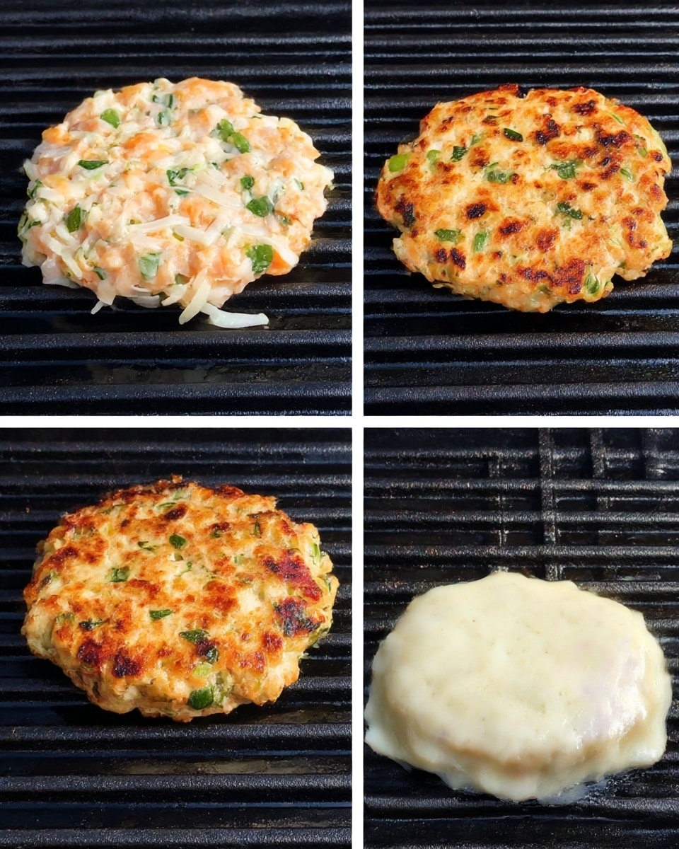 The image shows three stages of cooking chicken patties on a black grill. The first stage shows two raw chicken patties, pale pink with visible green herbs and white shredded bits throughout, placed side by side on the grill with grill marks faintly visible. The second stage shows two patties now cooked, golden brown with small dark grill marks and slightly crispy edges, still containing visible green herbs. The third stage shows one cooked patty covered with a melted layer of white cheese, smooth and slightly shiny, while another cooked patty remains next to it. The grill background is black with grilled ridges. photo taken with an iphone --ar 4:5 --v 7