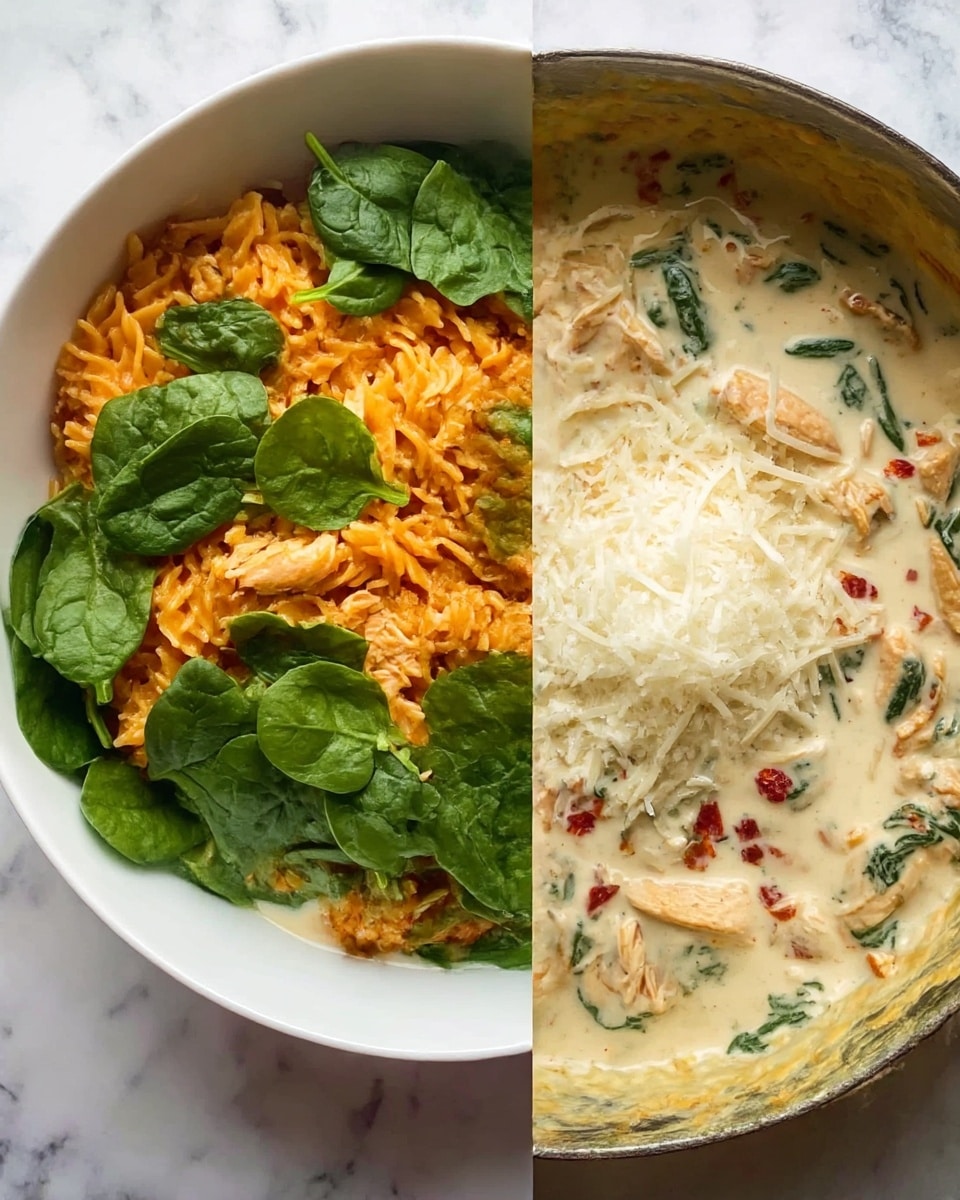 The dish shows two stages of making a creamy pasta with spinach and chicken. On the left, a white bowl is filled with orange-colored pasta mixed with small pieces of chicken, topped with fresh bright green spinach leaves and surrounded by a pool of creamy white sauce. On the right, the cooked pasta and chicken are covered in a thick creamy sauce with visible green spinach and small red chili flakes, topped with a mound of grated white cheese in the center. The whole scene is set on a white marbled surface. photo taken with an iphone --ar 4:5 --v 7