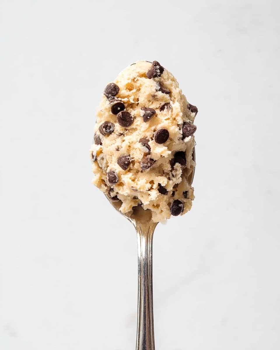 A silver spoon holds a scoop of creamy light beige dough mixed with many small dark brown chocolate chips, showing a soft and slightly crumbly texture, with the dough and chips evenly spread throughout the scoop against a plain white marbled background photo taken with an iphone --ar 4:5 --v 7