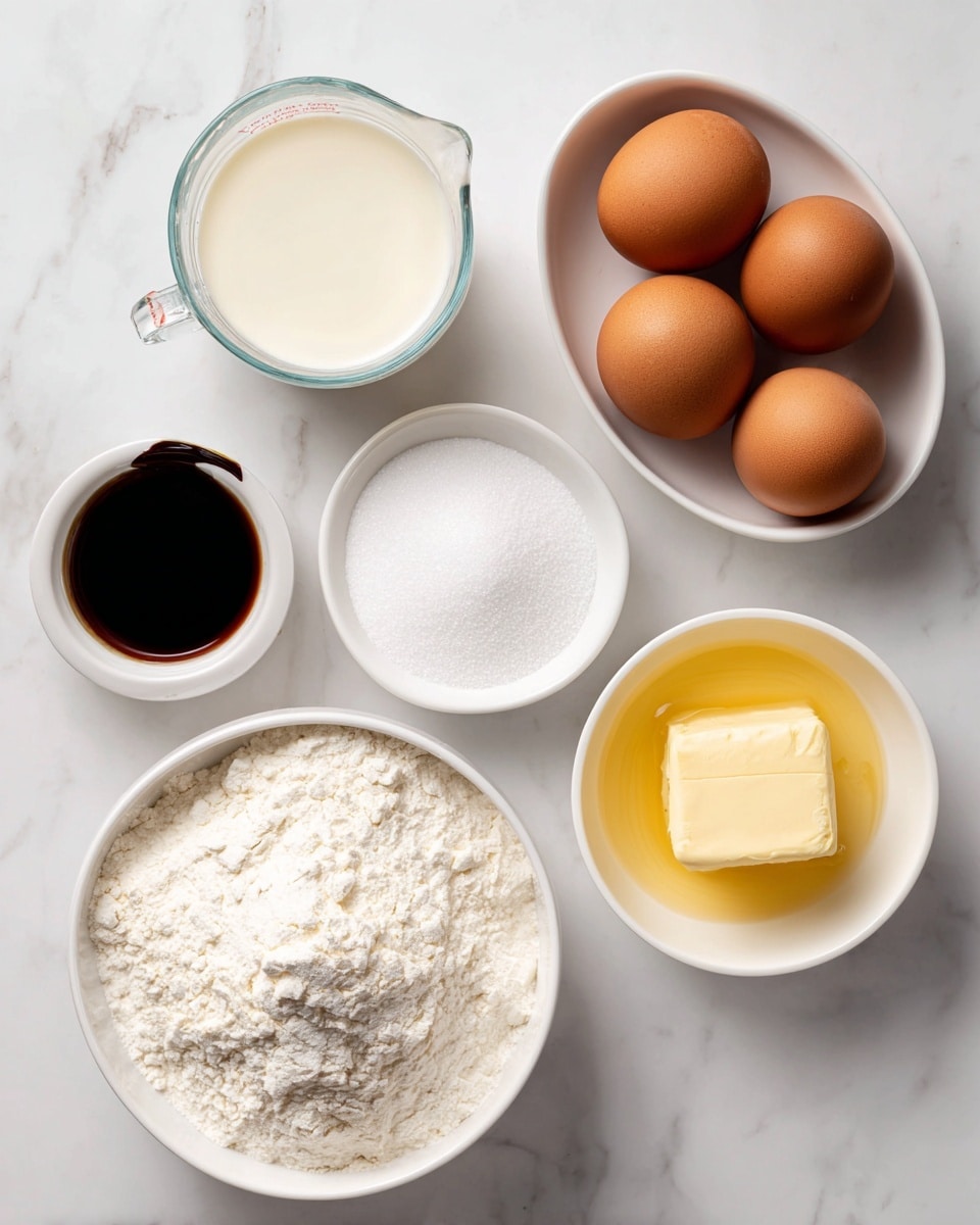 The image shows baking ingredients neatly arranged on a white marbled surface. In the center are four brown eggs with smooth shells. Above the eggs are three white bowls: one with fine white salt, another with white sugar granules, and a transparent measuring cup filled with creamy milk. To the left of the eggs is a small white bowl containing dark vanilla extract. At the bottom left, a large white bowl is filled with white flour that has a slightly powdery texture. On the bottom right, another white bowl holds yellow melted butter with a soft liquid texture. Each element is clearly separated and well-lit, creating a clean and organized scene photo taken with an iphone --ar 4:5 --v 7