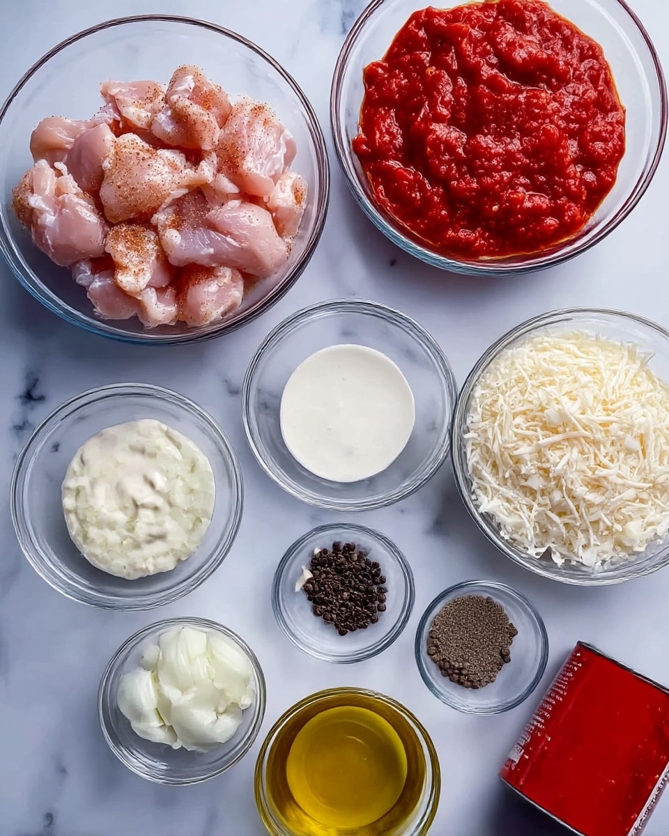 The image shows eight clear glass bowls with different cooking ingredients placed on a white marbled surface. The top left bowl contains raw pink chicken pieces seasoned with spices. To its right is a bowl filled with thick red crushed tomatoes. Below the chicken bowl is a bowl of white shredded cheese. At the center is a small bowl of white creamy sauce. Next to it, to the right, is a tiny bowl with whole black peppercorns. On the right side, there is a bowl with minced garlic. Below the bowl of shredded cheese is a larger bowl filled with finely chopped white onions. At the bottom center is a small bowl with golden yellow olive oil. Lastly, a partially visible open can with red tomato sauce is placed at the bottom right corner. All bowls rest on the white marbled surface. Photo taken with an iphone --ar 4:5 --v 7