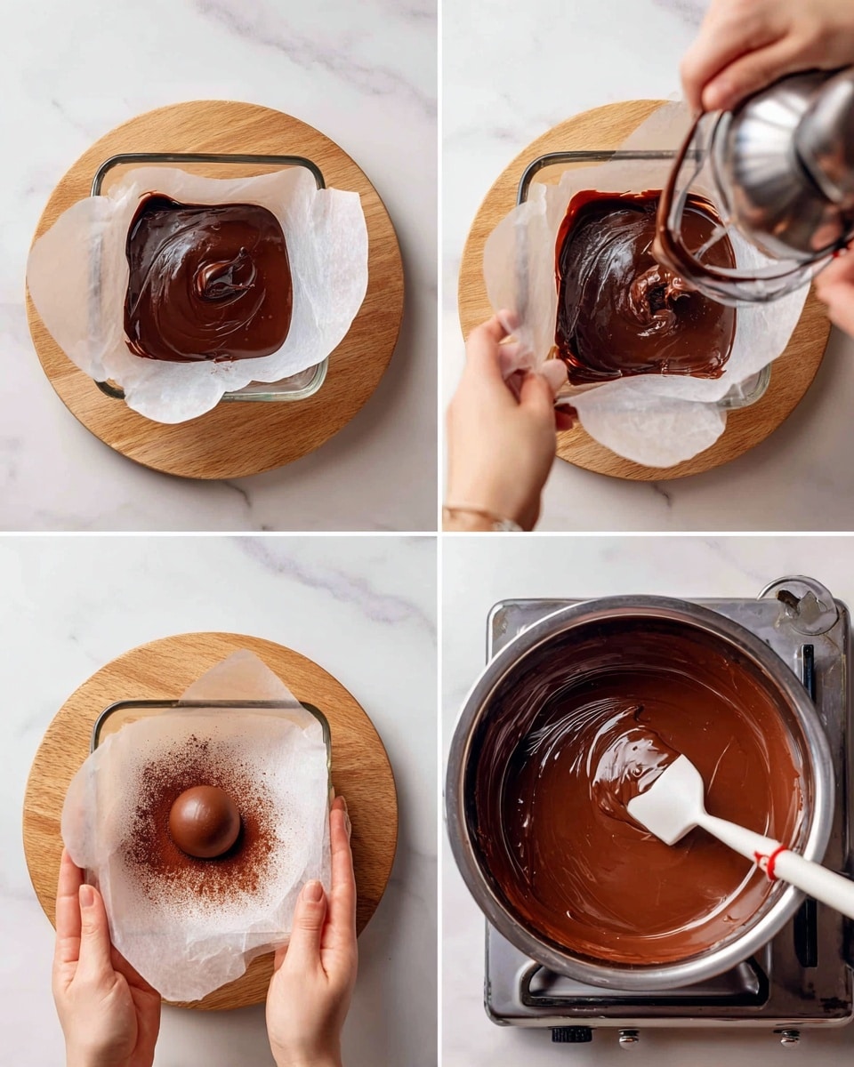 The first layer shows a glass square dish lined with white parchment paper, filled with thick, shiny, dark chocolate spread that has a smooth texture, sitting on a round wooden board over a white marbled surface. The second layer shows a woman's hand holding the edges of the parchment paper while another woman’s hand blends the chocolate in the same glass dish using a metal hand blender, creating a smoother, glossy dark brown texture. The third layer shows a woman's open palm facing up with a small round chocolate ball resting in the center, lightly dusted with reddish-brown cocoa powder, with the glass dish slightly blurred in the background on the white marbled surface. The fourth layer shows a shiny metal bowl with smooth, melted milk chocolate inside, being stirred with a white spatula that has a red handle, sitting on a stove over the white marbled surface. Photo taken with an iphone --ar 4:5 --v 7