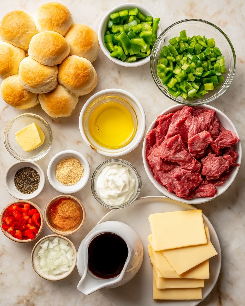 The image shows ingredients arranged neatly on a white marbled surface, ready for making a dish. On the top left, there is a cluster of soft, golden brown dinner rolls. Next to them, a white bowl holds bright green chopped bell peppers. Nearby, melted butter in a small glass cup shines with a yellow color. There are small bowls with light oats, a mix of black pepper and salt, and finely minced garlic. In the center, a white bowl is filled with raw thinly sliced red beef pieces. To the right, a small white pitcher contains dark soy sauce. There is a white plate with two neat layers of round, pale yellow cheese slices overlapping each other. Below, a small bowl contains chopped white onions, while another has chopped red bell peppers. A small bowl holds light brown seasoning powder, and another bowl with creamy white sour cream completes the set. The photo is taken with an iphone --ar 4:5 --v 7