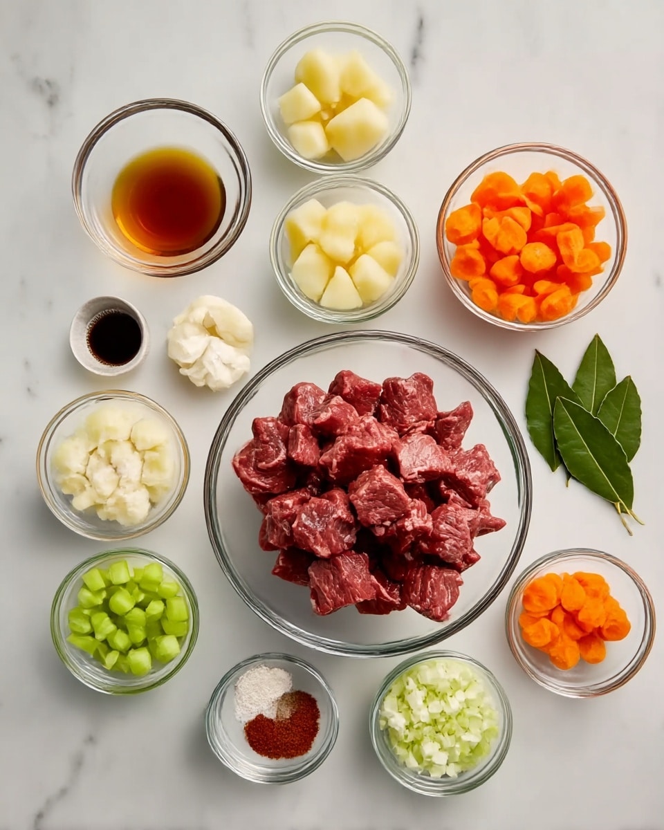 A white marbled surface holds eleven small glass bowls arranged in a loose circle, each containing different ingredients for cooking. In the center is a medium-sized bowl filled with dark red, cubed pieces of raw beef, surrounded by smaller bowls holding pale yellow potato cubes, bright orange carrot chunks, light green celery pieces, and finely chopped white onion. Other bowls contain a dark amber liquid, finely minced garlic, white flour, salt, black pepper, a dark soy-like sauce, a reddish powder, and a single dark green bay leaf placed beside them. The composition is neat and clear, showcasing each ingredient’s color and texture distinctly. Photo taken with an iphone --ar 4:5 --v 7