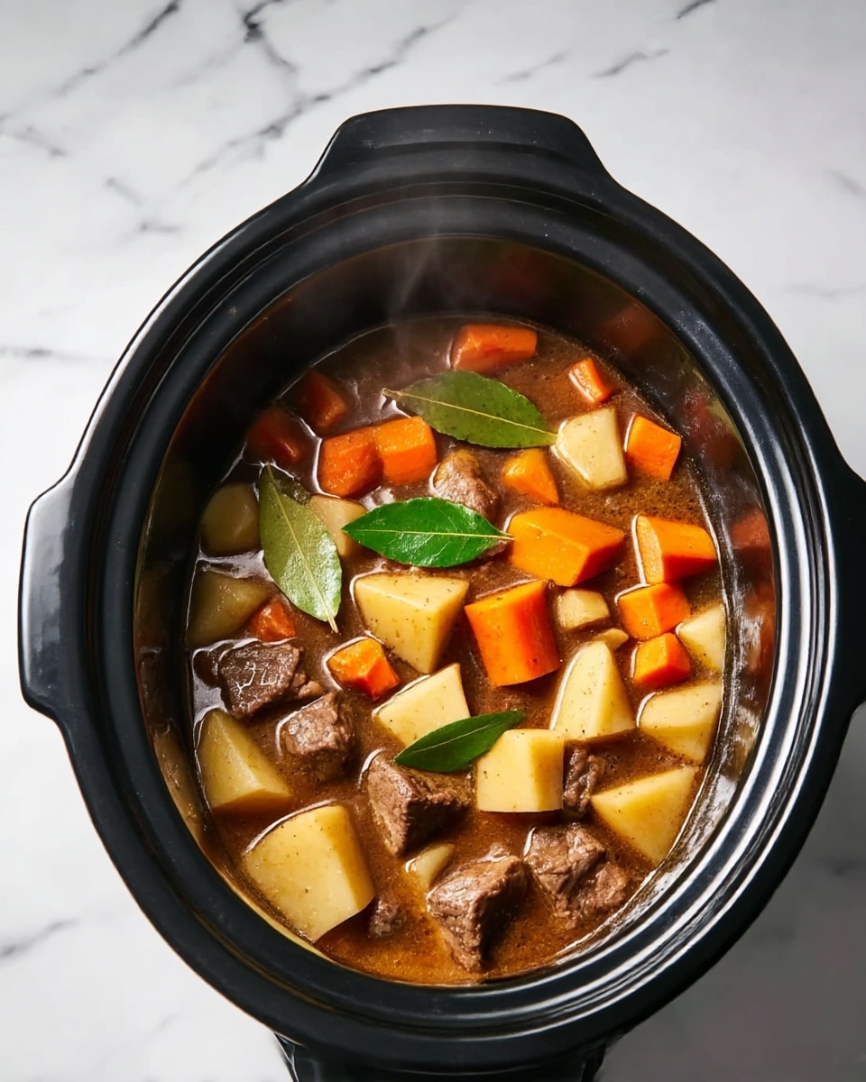 A black slow cooker filled with a rich stew showing three visible layers: on top are bright orange carrot chunks and bay leaves bringing some green color, below are light yellow potato pieces with rough texture, and among them are medium brown beef chunks, all mixed in a dark brown broth. The slow cooker sits on a white marbled surface, and steam lightly rises from the stew. photo taken with an iphone --ar 4:5 --v 7