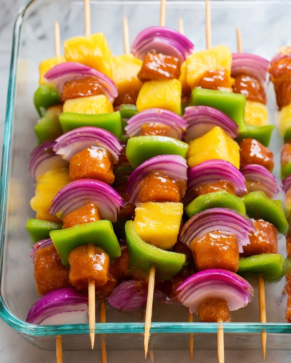 The image shows several wooden skewers arranged closely inside a glass tray on a white marbled surface. Each skewer has a repeating pattern of four layers: a shiny orange-brown marinated meat cube, a bright yellow pineapple chunk, a green bell pepper piece, and a purple-red onion chunk with white inner layers visible. The colors are vivid, and the textures differ from smooth meat to fibrous pineapple and crisp vegetables, all stacked neatly in a uniform size. Photo taken with an iphone --ar 4:5 --v 7