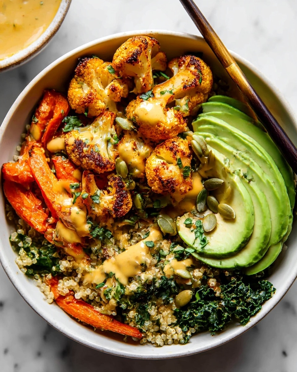 A white bowl holds a colorful layered dish with four main parts: at the base, there is a light beige quinoa mixed with chopped dark green kale, next to it are bright orange roasted carrot pieces, on top of those are several golden-brown roasted cauliflower florets with a slightly crispy texture, and on one side, there is a neat fan of light green avocado slices. The whole dish is drizzled with a creamy, pale yellow sauce and sprinkled with fresh chopped green herbs and pumpkin seeds. A black chopstick with a gold tip leans against the bowl on a white marbled surface. Photo taken with an iphone --ar 4:5 --v 7