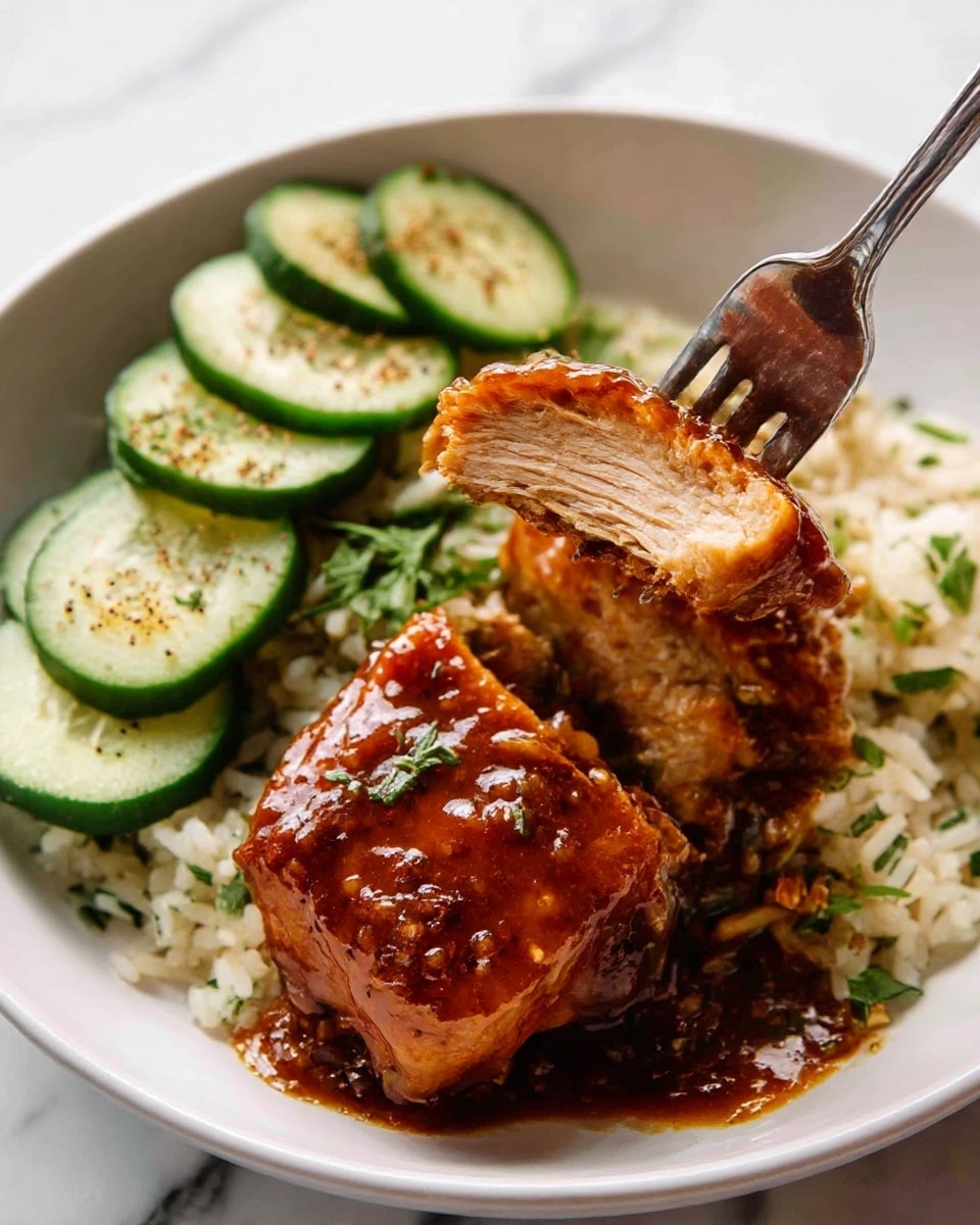 The dish shows a white round bowl filled with three main layers: on the left is a pile of white rice mixed with small green herbs, on the right is a layer of glazed brown thick sauce with visible herbs and bits under a large piece of shiny, caramel-colored meat covered in the sauce; on the upper left, fresh cucumber slices with some seasoning are neatly placed. A silver fork is lifting a piece of the meat showing the juicy inside. The bowl is set on a white marbled surface. Photo taken with an iphone --ar 4:5 --v 7