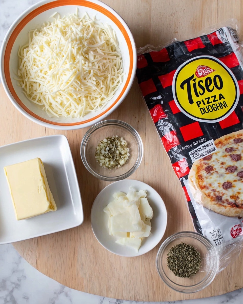The image shows the ingredients for making a pizza. There is one white bowl with an orange rim filled with shredded white cheese. Below it, a small white square plate holds a block of pale yellow butter. Next to the plate, two tiny clear glass bowls contain minced garlic and dried green herbs. On the right side, a package of Tiseo's frozen pizza dough is bright with a red and black checkered pattern and a yellow circle featuring a pizza image. All items are placed on a light wooden surface with a white marbled texture partly visible. photo taken with an iphone --ar 4:5 --v 7