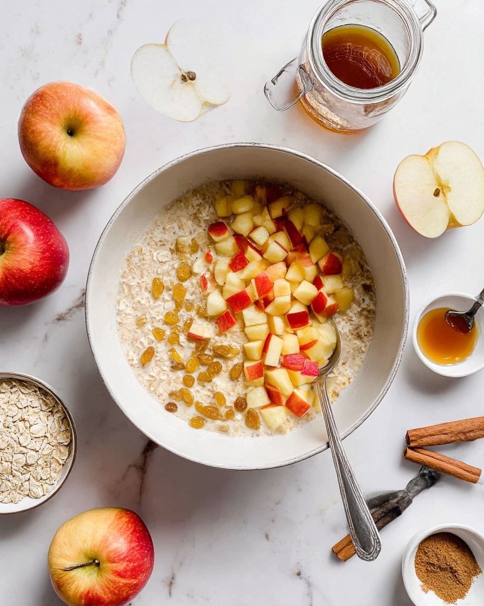 In a white bowl, there is a mix of three layers: at the bottom, light beige oats soaked in milk, next a layer of golden raisins scattered partly into the oats, and on the top, a thick layer of small, fresh, diced apples with red and yellow skin, giving a colorful contrast. A silver spoon rests inside the bowl on the right side. The bowl is placed on a white marbled texture surface surrounded by two whole apples, a jar filled with oats, a small white bowl with chopped nuts, two cinnamon sticks, an empty eggshell, and two spoons with ground cinnamon and syrup. Photo taken with an iphone --ar 4:5 --v 7