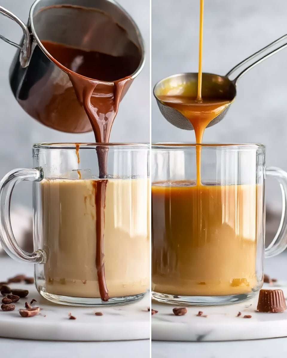 The image is a side-by-side view of two clear glass mugs filled halfway with a light creamy coffee base, sitting on a white marbled surface. In the left mug, a rich brown chocolate liquid is being poured from a metal measuring cup, with some chocolate drips running down the inside of the mug. In the right mug, a golden caramel liquid is being poured from a small saucepan, filling the mug evenly and smoothly with no drips. Both mugs have small chocolate curls scattered around their bases on the white marbled surface. The background is softly blurred. photo taken with an iphone --ar 4:5 --v 7
