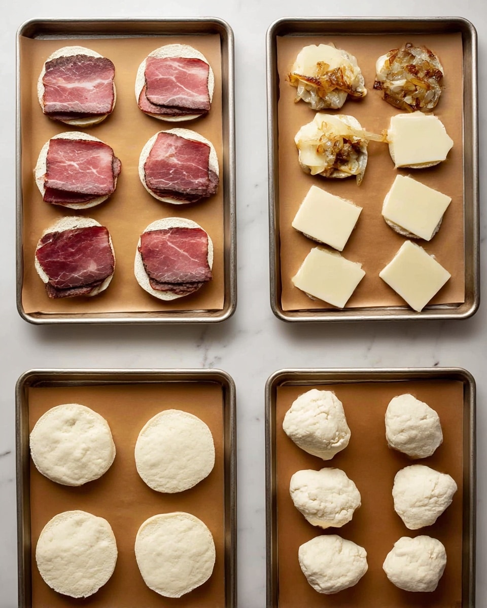 The image shows four baking trays with sandwich layers on brown parchment paper. The first tray has eight pieces of thin, dark-edged pink meat slices placed on top of eight white bread round bases. The second tray shows the same meat slices, but now each piece is topped with golden-brown caramelized onions. The third tray shows eight round slices of pale yellow provolone cheese placed neatly over each meat and onion stack. The fourth tray shows eight mounds of white biscuit dough, each placed over the assembled layers below. The trays all sit on a white marbled surface. Photo taken with an iphone --ar 4:5 --v 7