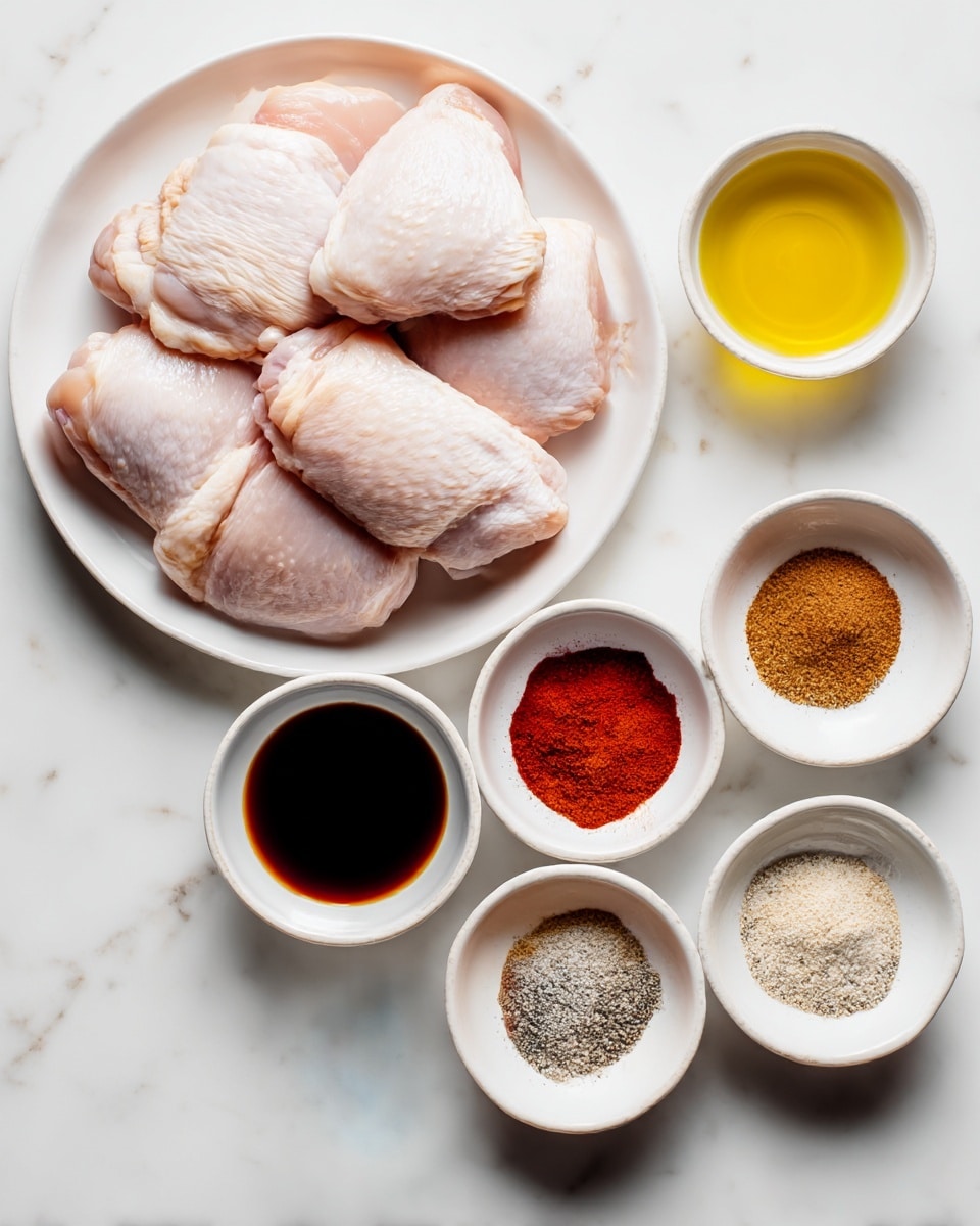 The image shows a white round plate in the top left corner holding several pieces of raw chicken thighs with pale pink skin and visible texture. Below and to the right of the plate, there are seven small white bowls arranged in two rows on a white marbled surface. The top row has three bowls: the first contains golden yellow olive oil, the second has dark brown soy sauce, and the third holds light brown brown sugar. The bottom row has four bowls: the first contains deep red smoked paprika, the second has white salt with a grainy texture, the third holds black pepper with a coarse texture, and the fourth contains pale yellow garlic powder. Each bowl is filled nearly to the brim, showing the rich colors and textures of the ingredients clearly. The lighting is bright and even, creating soft shadows. Photo taken with an iphone --ar 4:5 --v 7