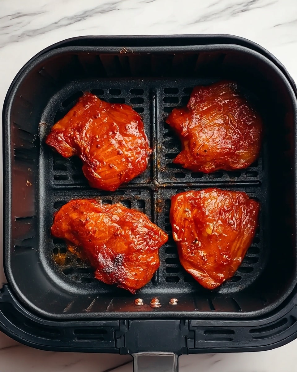 Four pieces of cooked, reddish-orange marinated meat with a glossy texture are placed evenly in a black air fryer basket. The meat pieces show a slightly glazed surface with some charred spots, giving a juicy and savory look. The basket is set on a white marbled surface, showing the contrast between the dark basket and the bright background. photo taken with an iphone --ar 4:5 --v 7