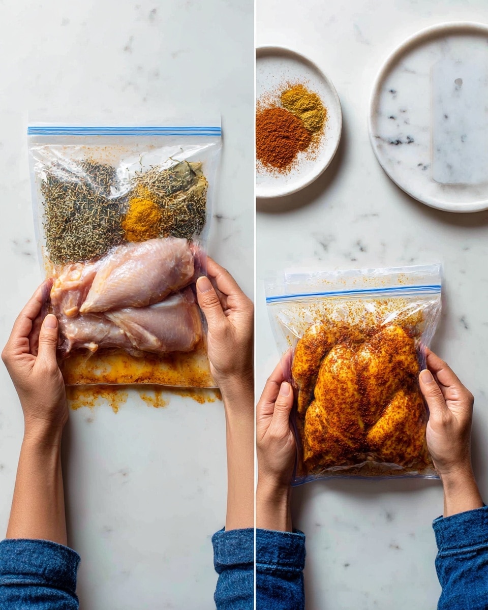 Two images side by side show a white marbled surface with a white marbled plate at the top right and a blue cloth below. In both images, a woman's hands hold a clear plastic zip-top bag. In the left image, the bag contains raw chicken topped with a pile of dried herbs and spices with a dark orange oil pooled around it. In the right image, the bag now holds several raw chicken pieces coated evenly in a dark orange and spice marinade. Photo taken with an iphone --ar 4:5 --v 7