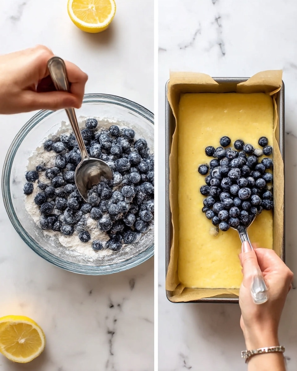 The left side shows a close-up of a woman's hand holding a silver spoon stirring fresh blueberries coated with white flour in a clear glass bowl on a white marbled surface. On the right side, a woman's hand holds the same spoon, scooping the coated blueberries over a rectangular paper-lined baking pan filled with yellow batter, all on the same white marbled surface. A lemon slice is partially seen near the top left corner of both images. Photo taken with an iphone --ar 4:5 --v 7