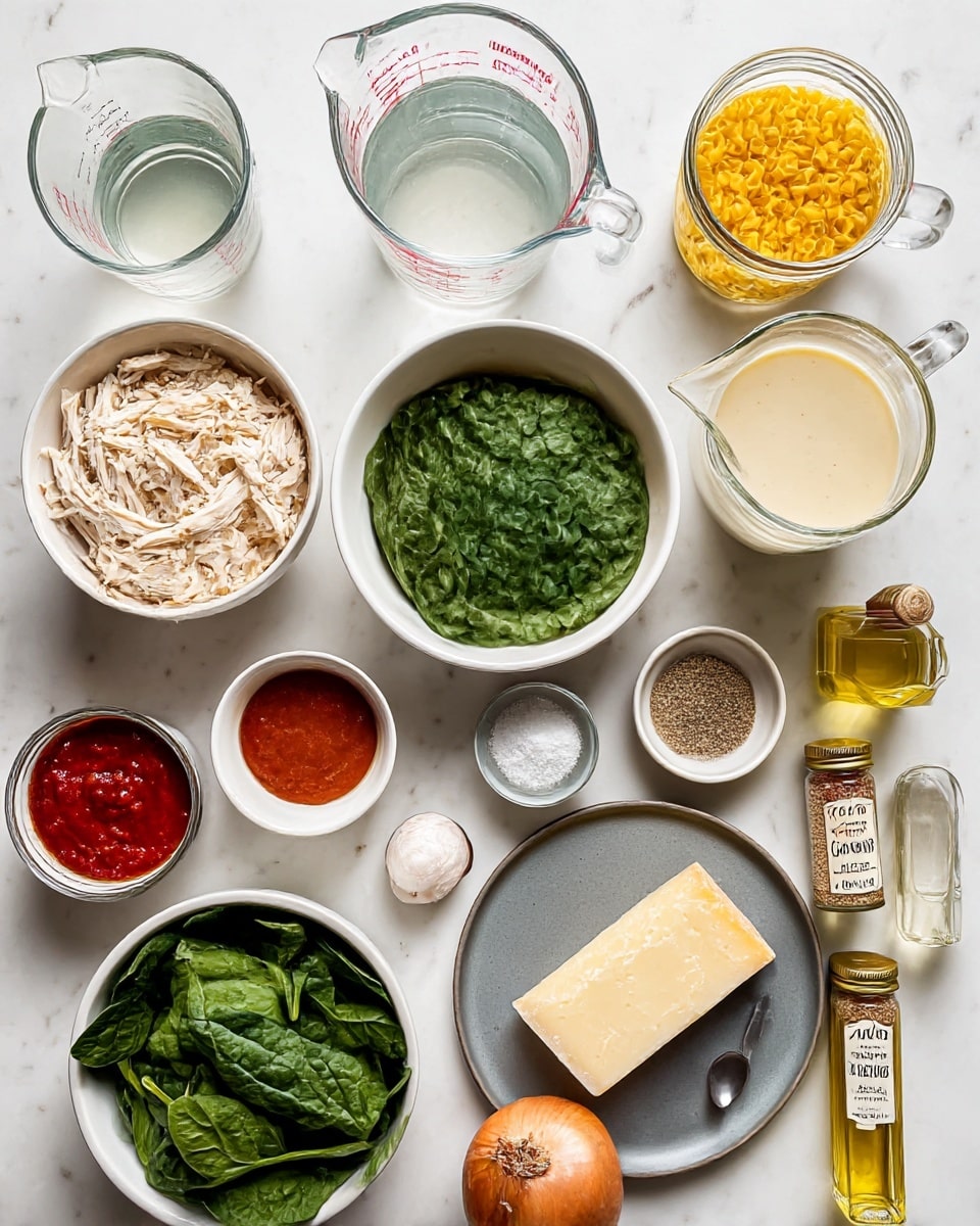 The image shows an overhead view of various cooking ingredients neatly arranged on a white marbled surface. There are bowls and containers with shredded cooked chicken in a white bowl near the bottom left, fresh green spinach leaves in a white bowl at the center, and small yellow pasta pieces in a white bowl at the top right. Surrounding these are a glass measuring cup of water, a glass jug of cream, a small jar of red tomato paste, a bowl of broth, and a whole brown onion at the bottom center. Small dishes hold salt, pepper, and a measuring spoon of grated cheese beside a wedge of hard cheese on a gray plate. Two small bottles labeled “Garlic Powder” and “Thyme” are positioned near the right side. A clear glass bottle of olive oil and a small glass with light liquid complete the layout. All items are placed with clear spacing and balanced colors, creating an organized and clean cooking setup. Photo taken with an iphone --ar 4:5 --v 7