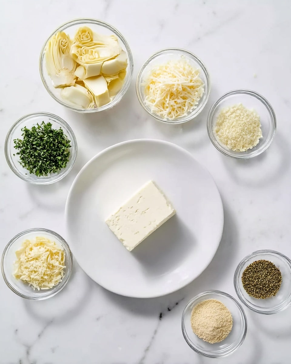 The image shows a white plate in the center with a block of white cheese on it. Around the plate, there are nine small clear glass bowls arranged in a loose circle on a white marbled surface. The bowls contain various ingredients: chopped artichokes with pale yellow and white layers, finely chopped green herbs, grated white cheese, a pale creamy mixture, shredded cheese with a light yellow color, minced garlic, ground black pepper, a dried green herb mix, and a light beige powder. The overall setup is neat and clean with bright, natural lighting. photo taken with an iphone --ar 4:5 --v 7