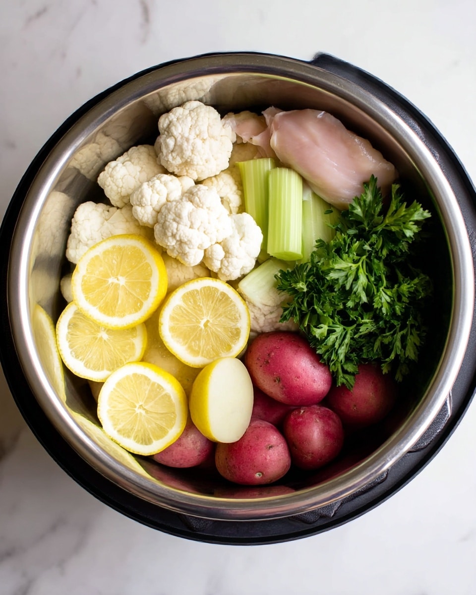 Inside a shiny stainless steel pot, there are six main layers arranged close together. At the bottom left, several bright yellow lemon slices with a slightly shiny texture rest next to small, round, smooth red potatoes filling the lower right section. Above the lemons, white cauliflower florets with a bumpy texture fill the left side. Next to the cauliflower in the center, light green celery pieces with a crisp texture are placed. On the upper right, smooth light pink raw chicken lays beside fresh, dark green leafy parsley on the far right. The pot is set on a white marbled surface photo taken with an iphone --ar 4:5 --v 7