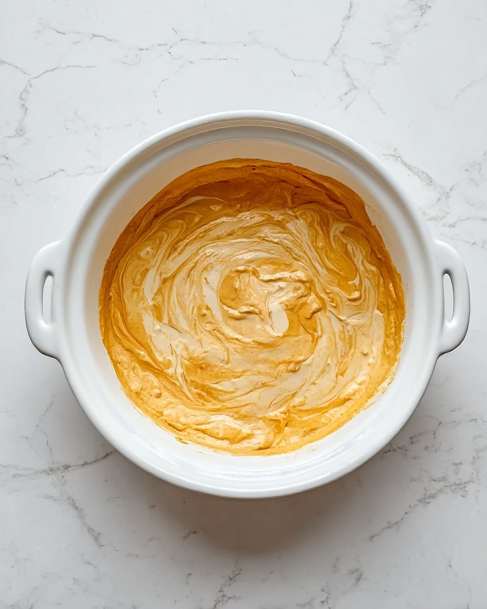 The image shows a single-layer round dish in a white ceramic bowl with handles on both sides. The dish has a smooth, creamy texture with light orange and pale yellow swirls mixed together, creating a marbled effect on the surface. The edges are slightly darker, with a baked, golden-brown tint. The bowl is placed on a white marbled surface with subtle gray veins. photo taken with an iphone --ar 4:5 --v 7