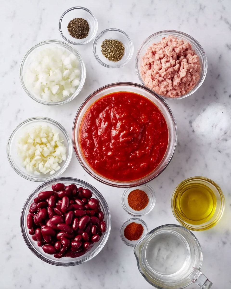 A white marbled surface holds several clear glass bowls arranged neatly. At the center is a bowl filled with thick red tomato sauce, smooth and slightly chunky. To its right is a bowl of light pink ground meat with a soft texture. Below the sauce is a bowl of dark red kidney beans, glossy and round. To the left of the beans is a bowl containing finely chopped white onions. Next to the onions is a small bowl of minced garlic, pale and finely textured. Scattered around are small clear bowls with various spices: black pepper, dried oregano, salt, smoked paprika, ground cumin, chili powder, ground cinnamon, and a small pool of golden yellow olive oil. Finally, on the lower right side, a clear glass measuring cup filled with clear water completes the set. The image is bright and crisp, photo taken with an iphone --ar 4:5 --v 7