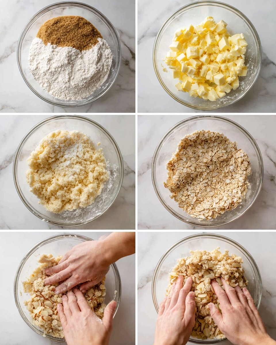 The image shows six smaller pictures arranged in two columns and three rows, each capturing different stages of making a crumb topping. The first picture shows a clear mixing bowl with layers of brown sugar, white sugar, and flour resting on top, the sugars look grainy and the flour looks powdery. The second picture is the same bowl now with many small chunks of yellow butter evenly spread inside, giving a mix of yellow and white flour. The third picture features the same clear bowl with a new layer of rolled oats being added on top of the flour and butter mixture; the oats are light beige and flaky. The fourth picture shows a close-up of two woman's hands pressing and mixing the crumbly oat-butter mixture together, creating a rough, textured dough. The fifth photo has thin, light tan sliced almonds spread on top of the oat and flour mix surface inside the same bowl. The last picture continues to show the woman's hands mixing all ingredients into a slightly coarse, thicker crumb mixture with visible oat flakes and almond slices. The background is a white marbled surface. photo taken with an iphone --ar 4:5 --v 7