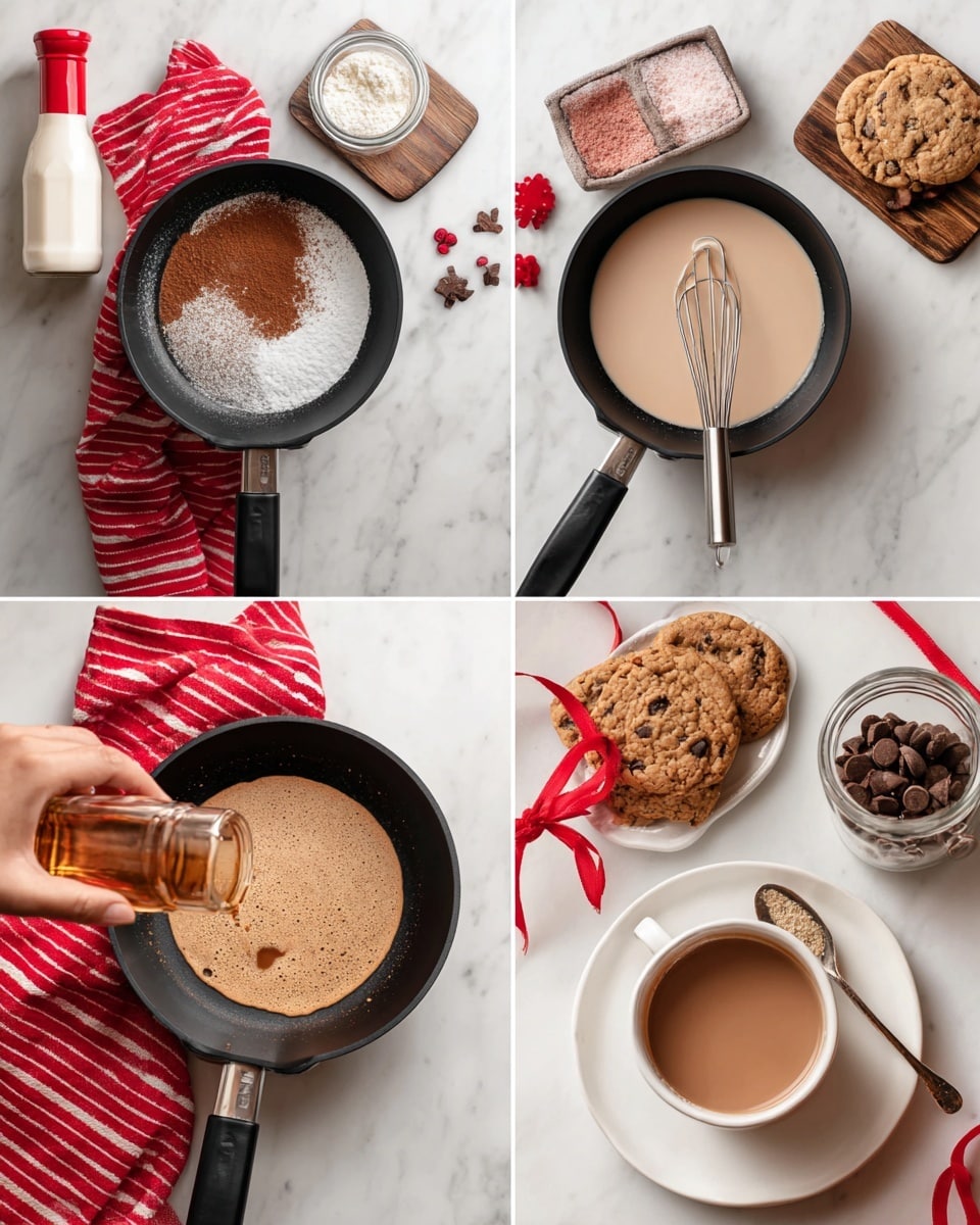 The image shows four steps of making a drink, arranged in a grid on a white marbled surface. The first step (top left) has a black pan where brown sugar, cocoa powder, and milk are seen being poured and mixed, with a red and white striped cloth nearby, a bottle with a red cap, and a small glass bowl of white powder on a small wooden board above the pan. The second step (top right) shows the same black pan with a whisk mixing the light brown liquid, the same bottle and glass bowl above, and the red and white striped cloth next to the pan. The third step (bottom left) features a woman's hand pouring a golden liquid into the pan with the same reddish liquid inside, a glass bottle nearby, and the wooden board with a glass bowl blurred in the background. The fourth step (bottom right) shows a white cup filled with the brown drink on a white plate with a dusting of powder on the rim, a spoon with red cloth, chocolate chip cookies, a glass jar with a red ribbon, and a white container with chocolate chips inside all arranged nearby. Photo taken with an iphone --ar 4:5 --v 7